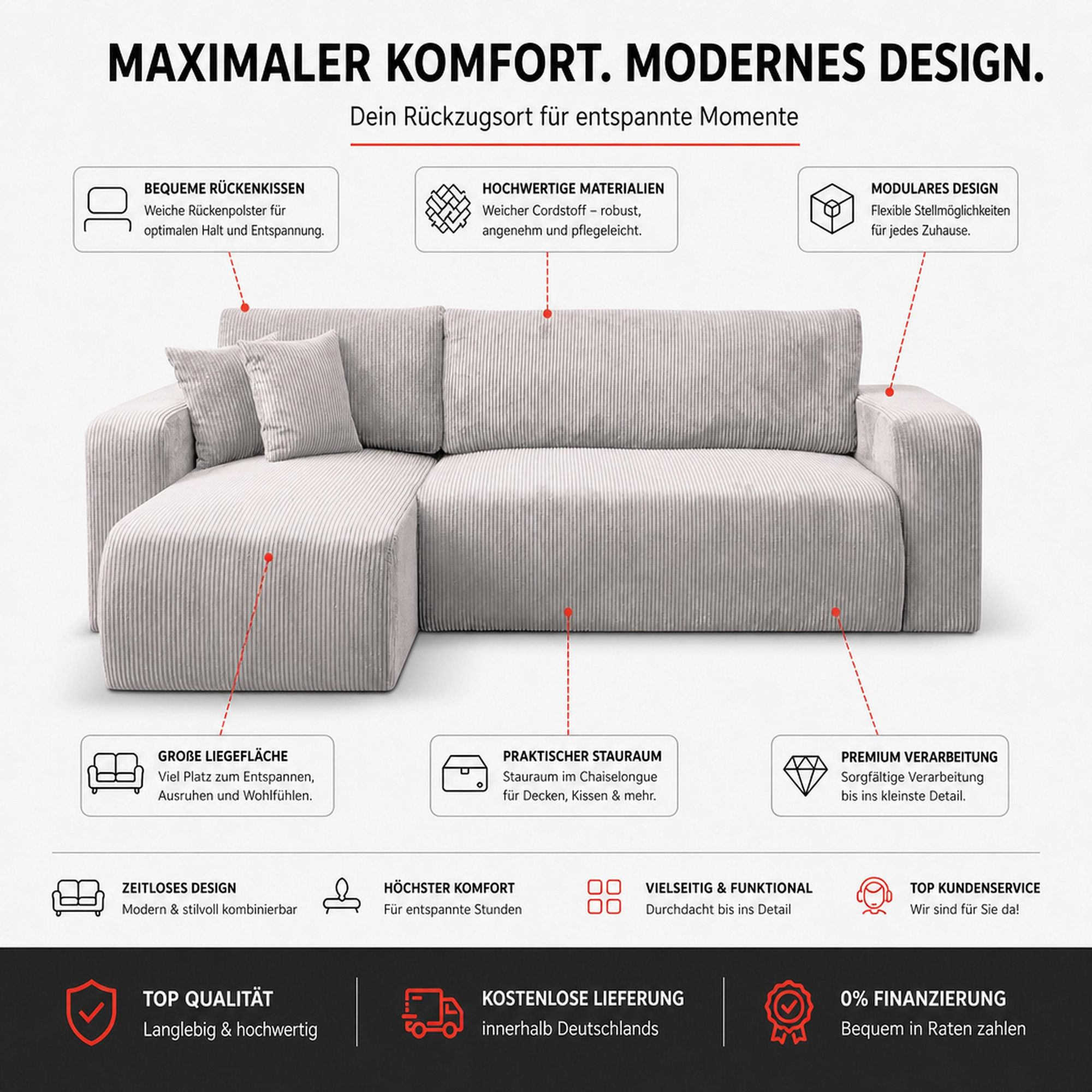 VENASI LUNA Universell Ecksofa mit Schlaffunktion und Bettkasten Cord Braun Schlafsofa Eckcouch Sofa