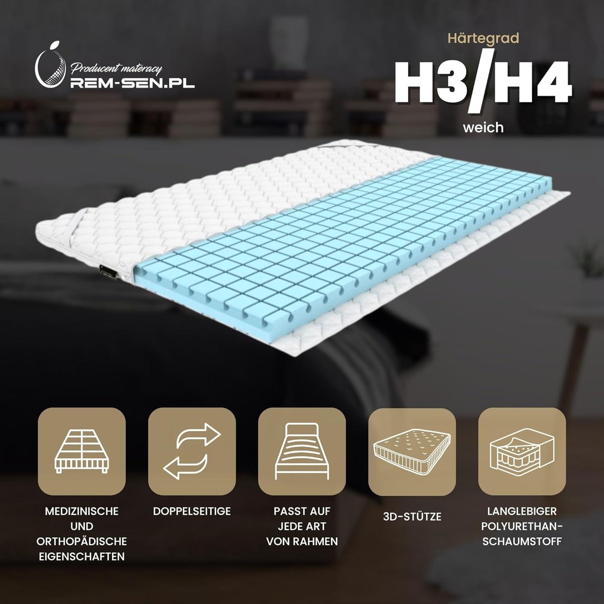 REM-Sen Topper Individual 150x190 cm H3/H4 Wendetopper 7cm, 3D-Würfelstruktur Matratzenauflage Orthopädisch, Komfortschaum mit Eckgummis
