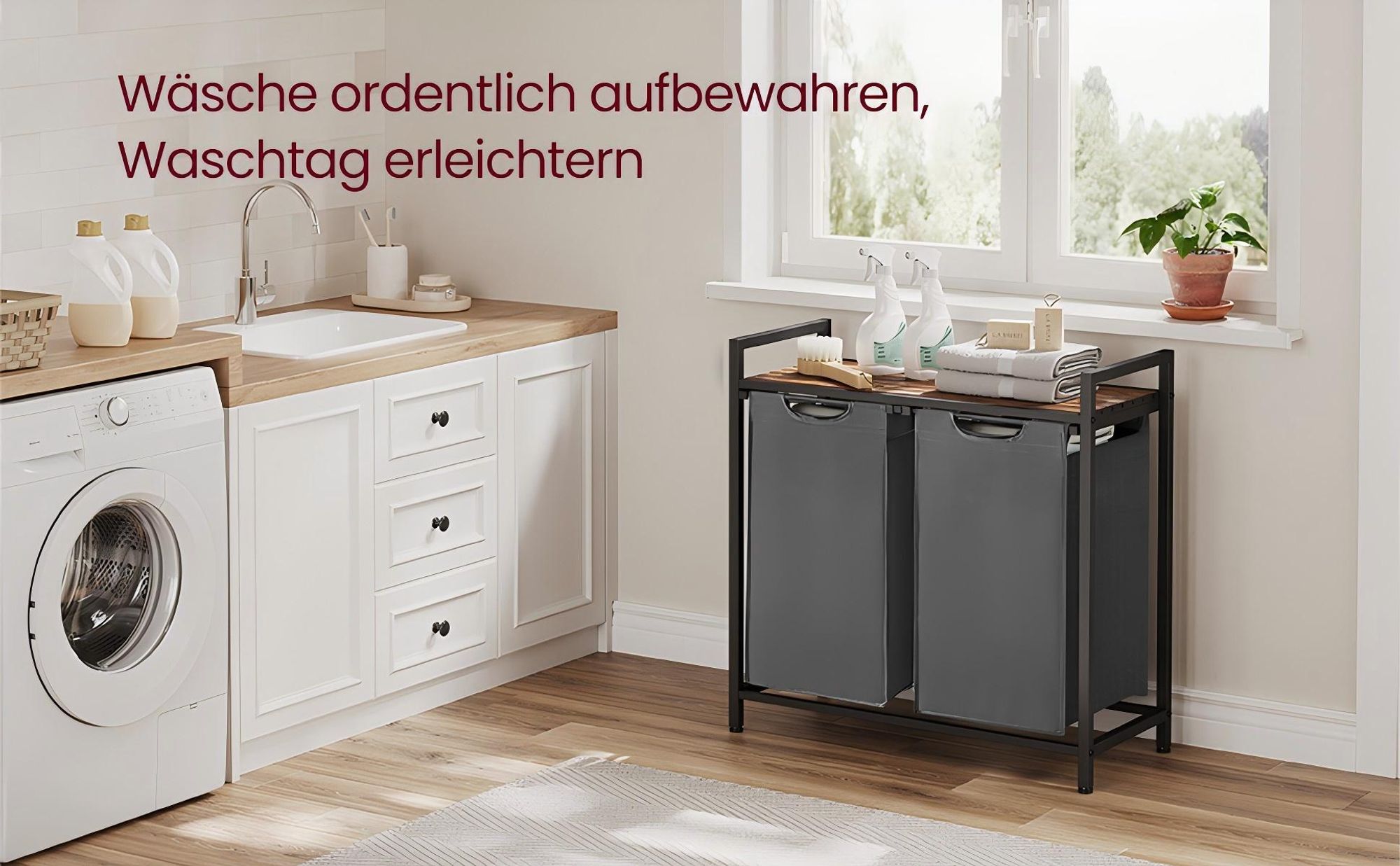 VASAGLE Wäschekorb 2 Fächer, mit Ablage, ausziehbar abnehmbar,  2 x 46 L