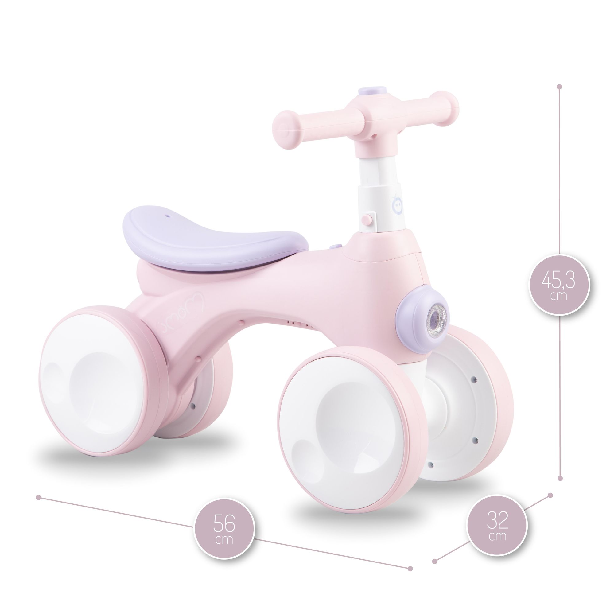 MoMi TOBIS Kinder Laufrad - Seifenblasen, Leuchte und Hupe, Lenkerhöhenverstellung, 4 Räder - Rosa