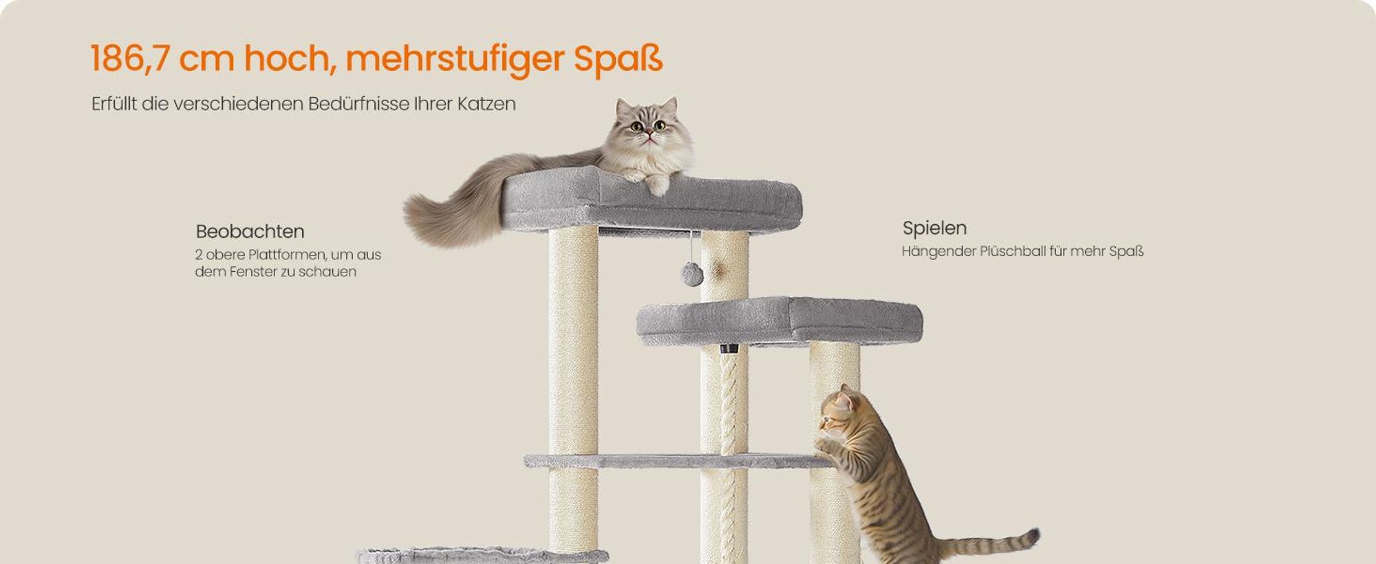 FEANDREA Kratzbaum 186 cm, Katzenbaum für große katzen, 13 dicken Säulen (11 cm d), stabil, Kippschutz, Cremeweiß
