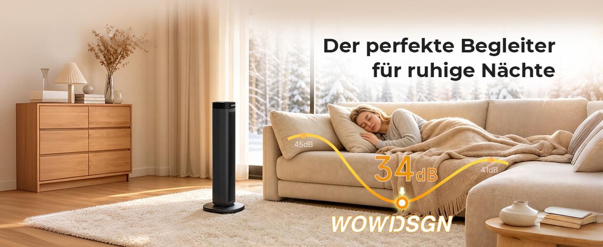 WOWDSGN Keramik-Heizlüfter leise 34dB, energiesparend, 2000W PTC Turm-Heizgebläse, Thermostat, ECO-Modus, Oszillation, Fernbedienung, Schwarz