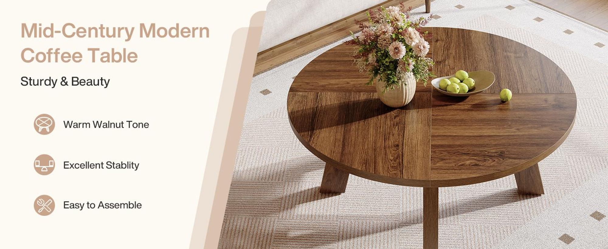 Tribesigns runder Couchtisch, 100 cm Mid-Century Modern runder Couchtisch mit verstärkter Kreuzstrebe, niedriger Holztisch für Wohnzimmer, Walnuss