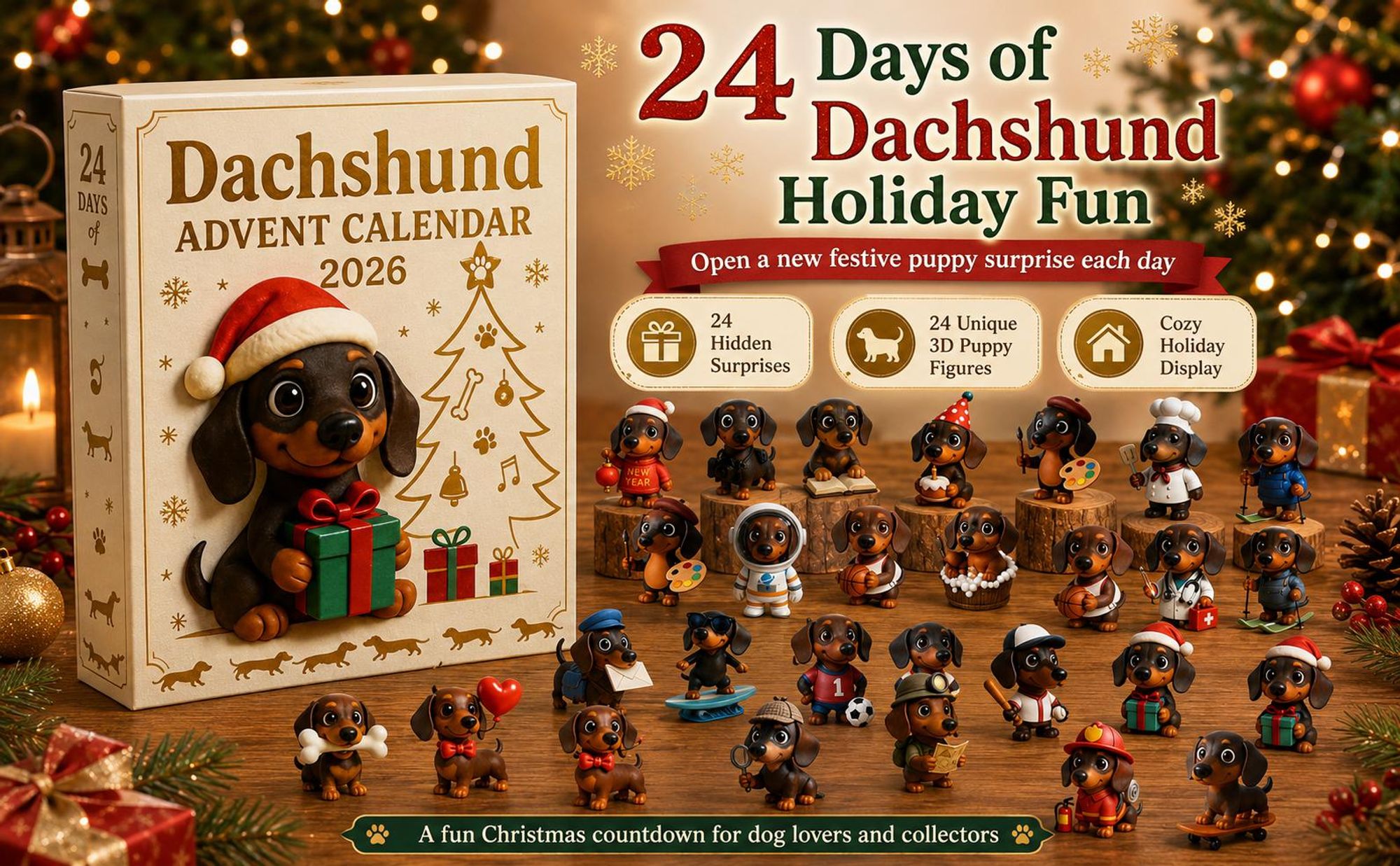 2026 Dachshund Adventskalender – 24 Tage 3D Dackel Figuren, Weihnachtsornamente & Geschenk für Hundefreunde