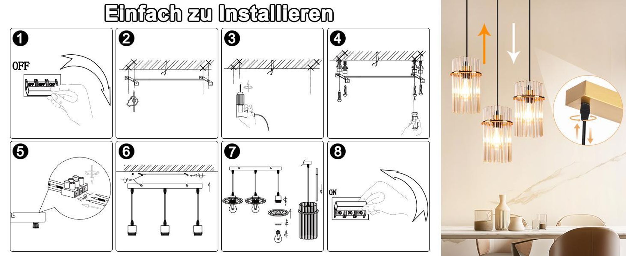 ZMH Pendelleuchte Esstisch Hängelampe 3 Flammig - Hängeleuchte Gold E27 Vintage Esszimmerlampe Hängend aus Glasschirm Ø 16 für Küche Cafe Bar Wohnzimmer (ohne Leuchtmittel)