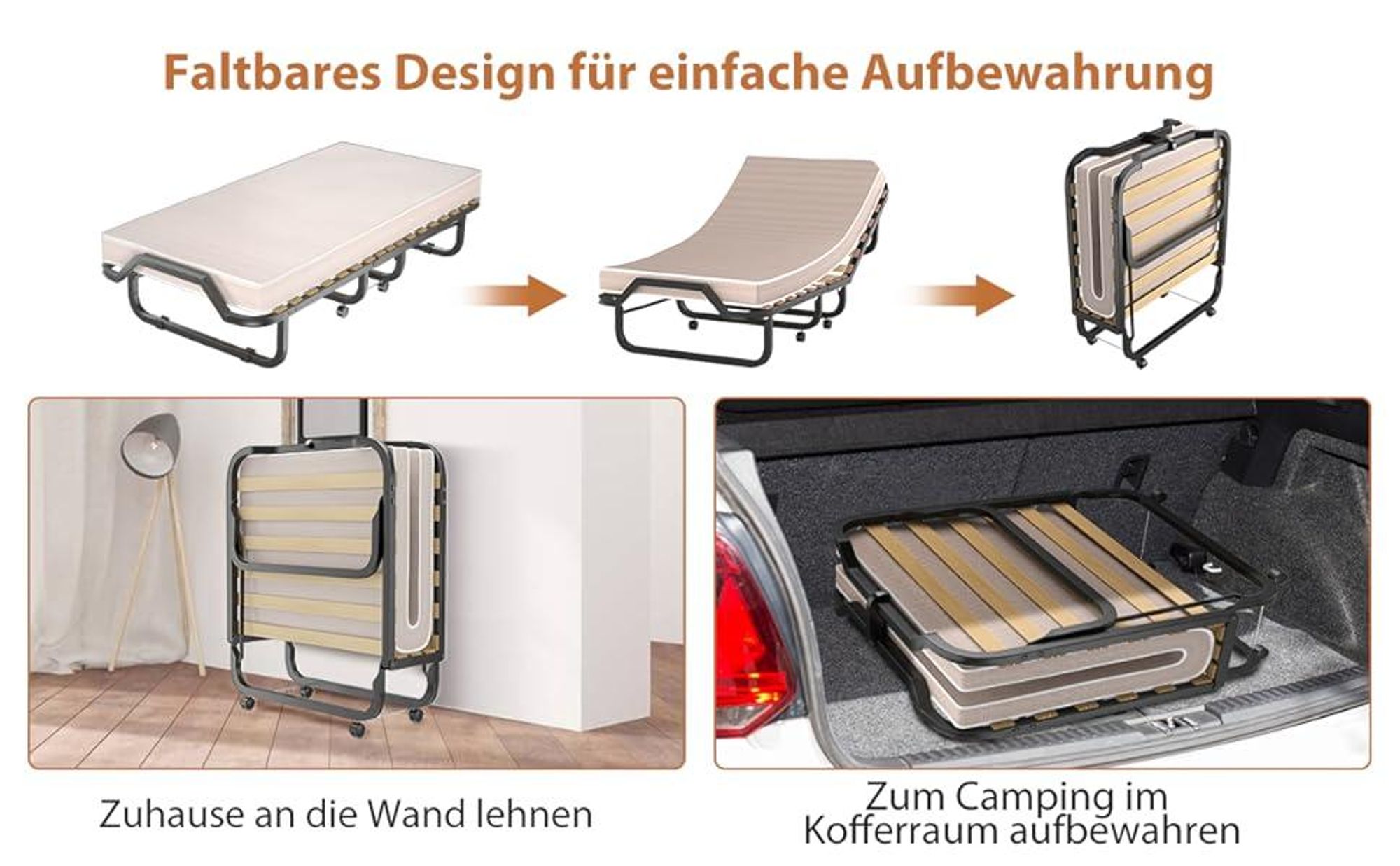 COSTWAY 90x200cm Gästebett klappbar mit Matratze bis 120kg, auf Rädern