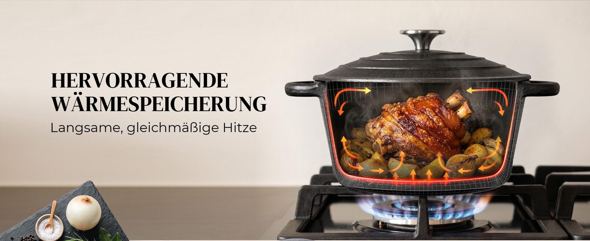 BIOL Gusseisen Topf mit Deckel Ø 25 cm 5L für Küche Backen Schmoren Braten Antihaftwirkung Für alle Herdarten geeignet