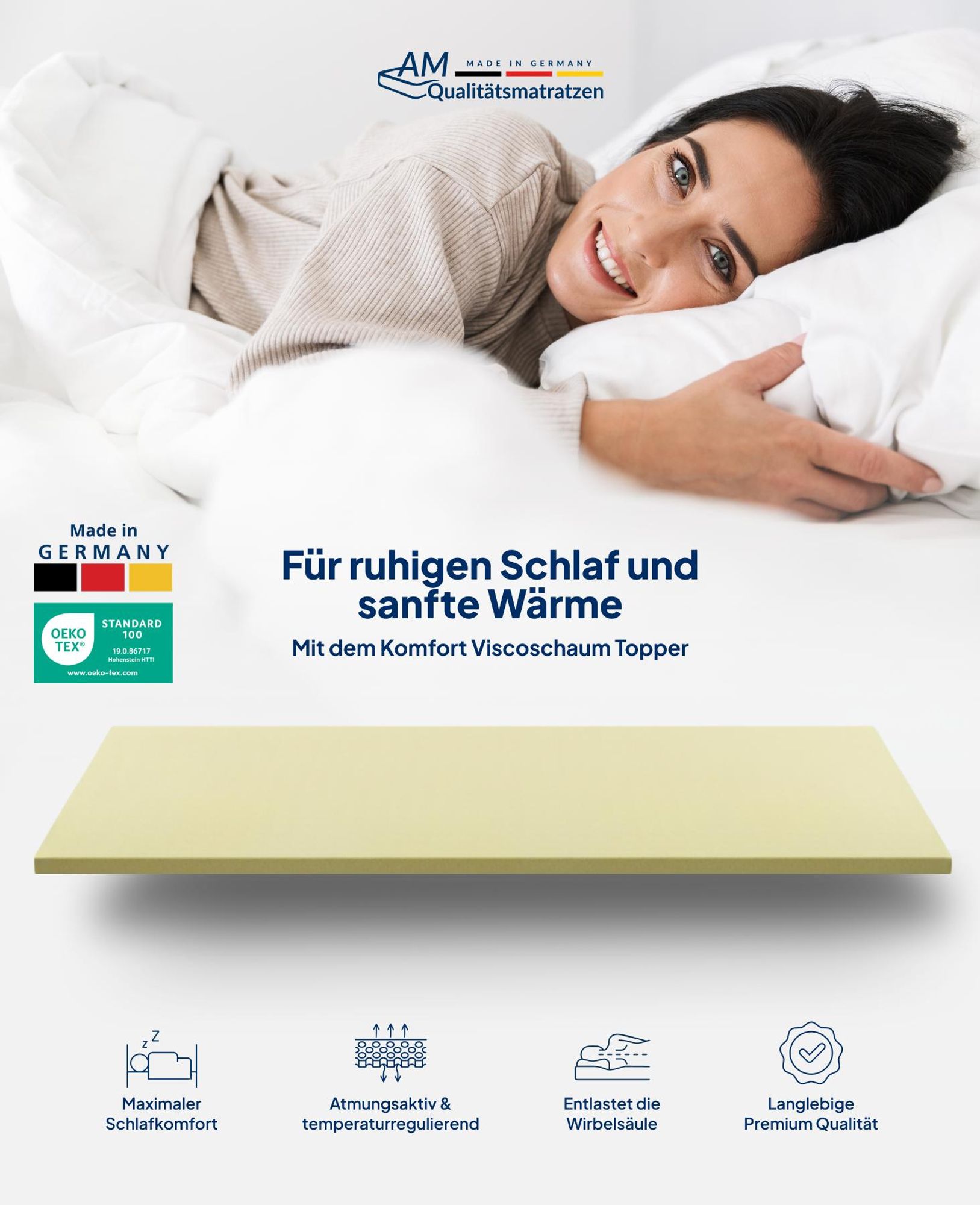 AM Qualitätsmatratzen | Visco-Topper | 180x200 cm | Ohne Bezug | Matratzentopper | 180/200 | Viscoschaum Topper | Memoryschaum