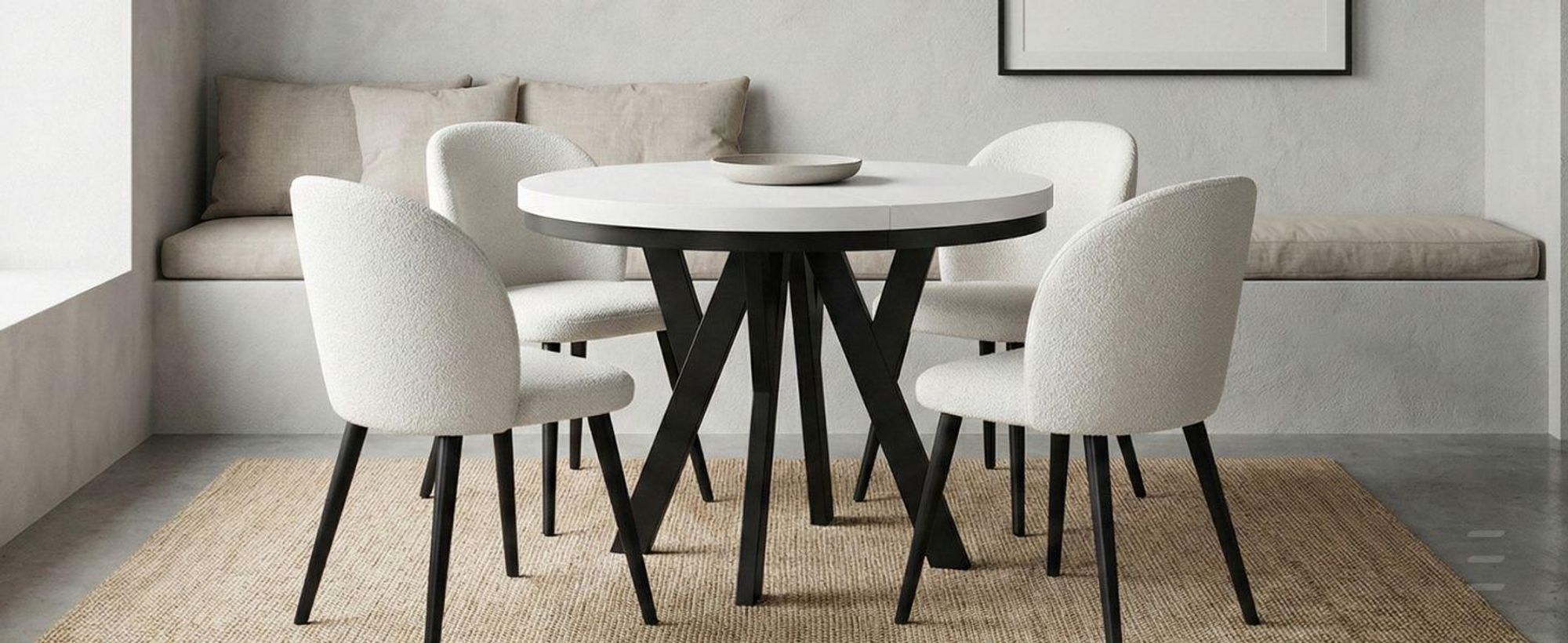 Runder Ausziehbarer Tisch für Esszimmer, PERO mit einem Ring-Gestell, Loft-Stil, Skandinavische, Durchmesser: 90 / 190 cm, Farbe: Weiß / Schwarz