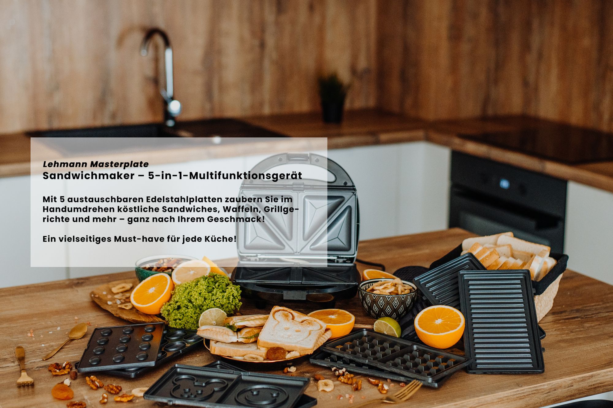 Lehmann Sandwichmaker 5 in 1 mit verschiedene Formen, 1200 Watt, Waffeleisen, Kontaktgrill, Panini, Sandwich, süße Küchlein, Inklusive 5 Plattensets
