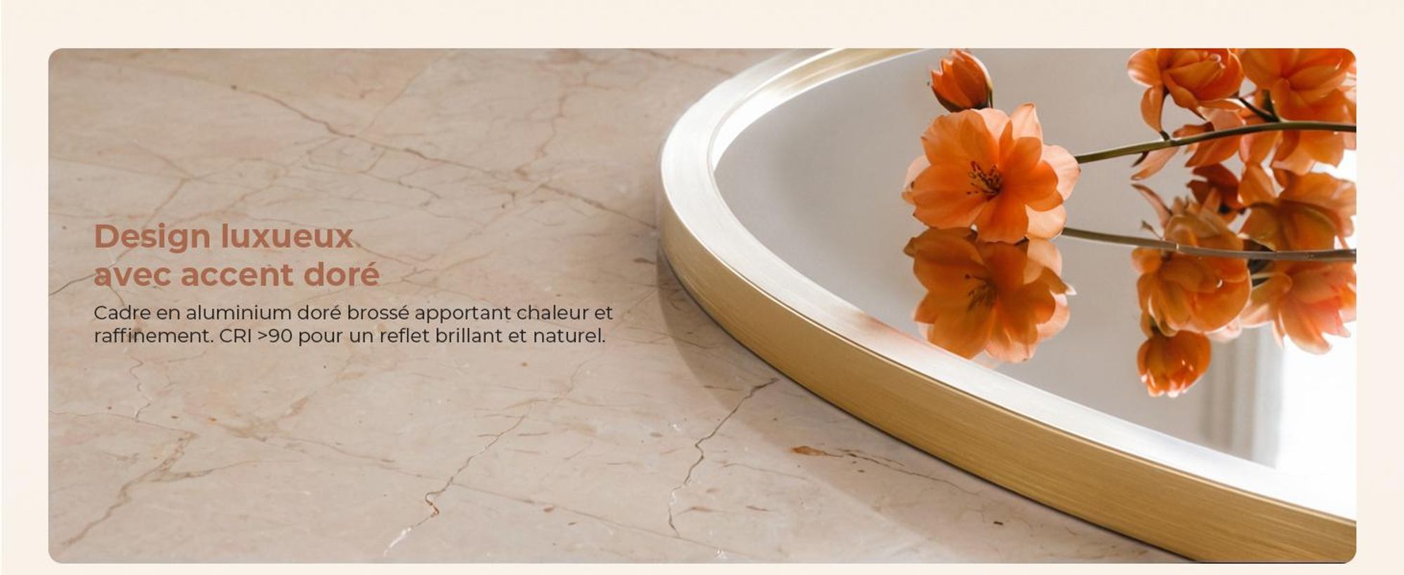 S'AFIELINA miroir salle de bain LED 60 cm rond, tactile, anti-buée, variateur, horloge, température, mémoire, bordure dorée.