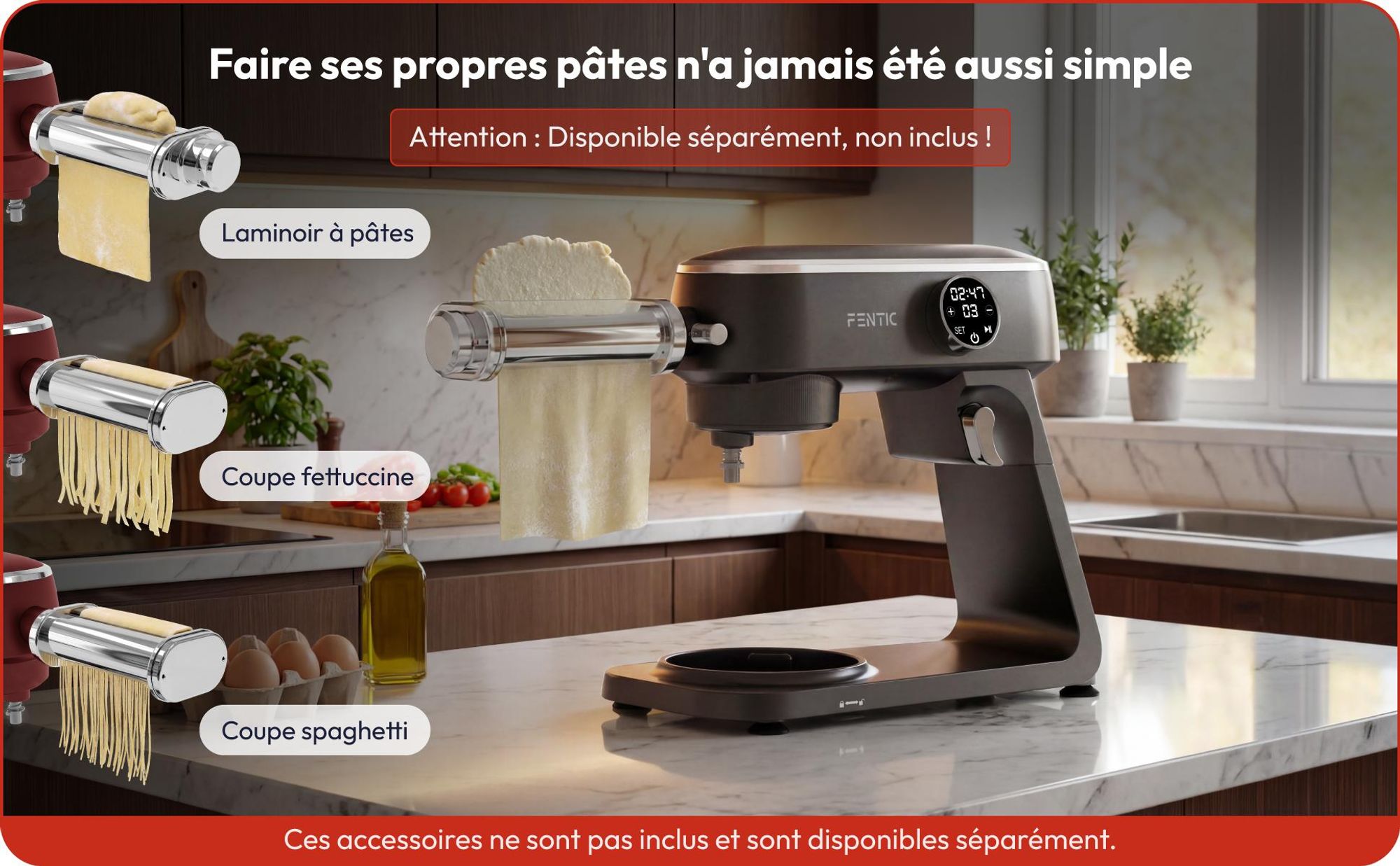 Fentic Robot pâtissier 1800W, Bol inox 7L, Pétrin pour pâte à pain & à pizza, Mouvement planétaire, 10 vitesses minuteur & pare-éclaboussures