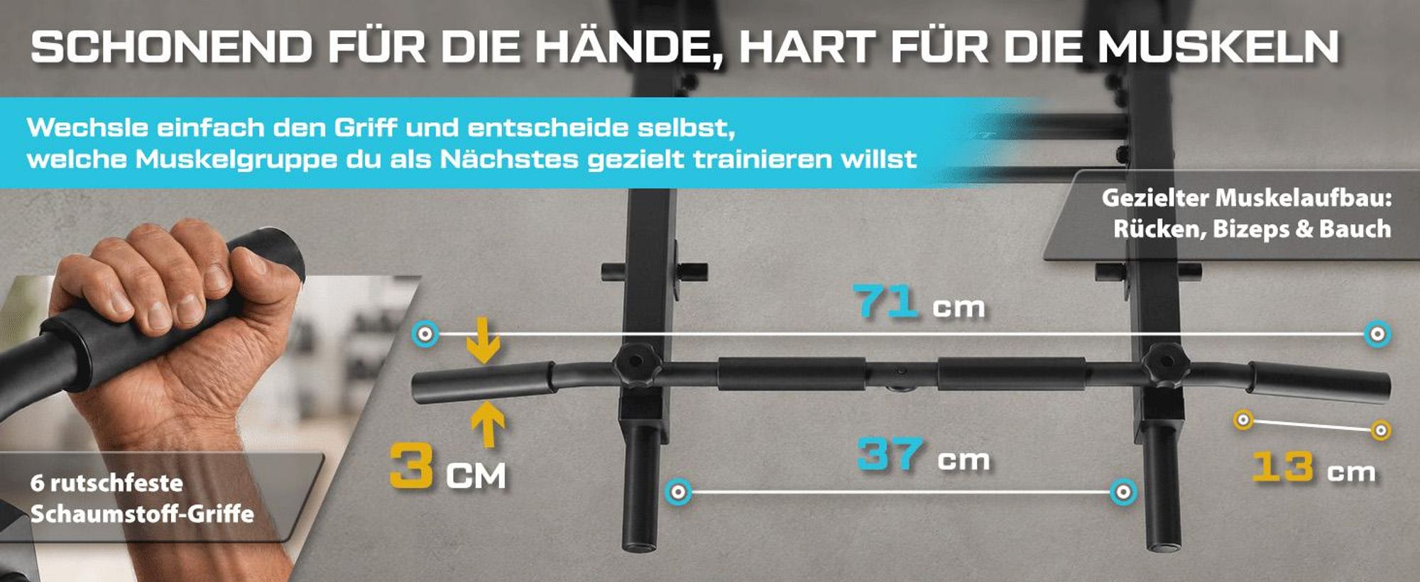 TREX SPORT Klimmzugstange zur Wandmontage klappbar TX-050PB | 6 rutschfeste Griffe, für Boxsack & Expander | Pull Up Bar für zuhause