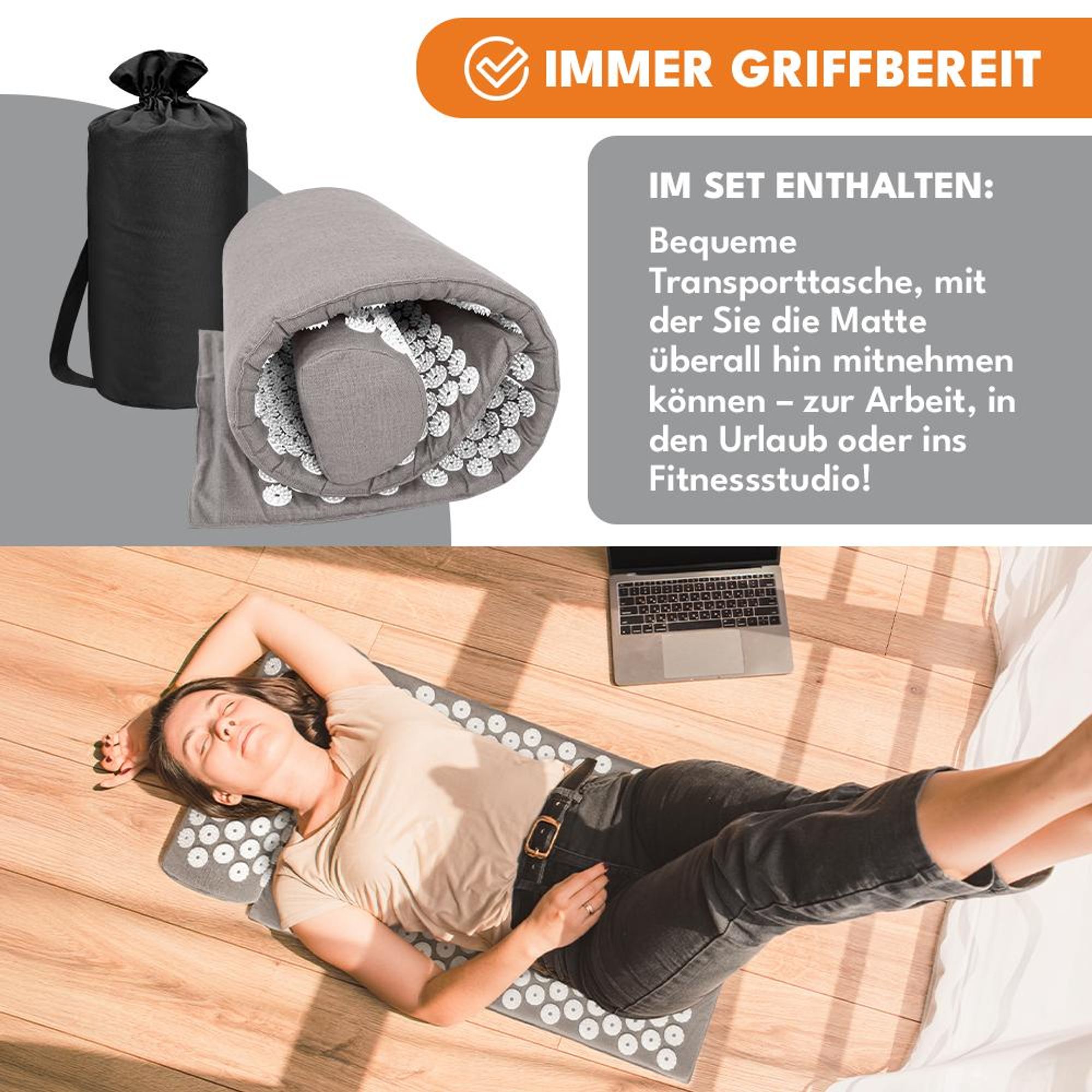 KRUMAD Akupressurmatte Set mit Kissen für Rücken und Nacken, inklusive Tasche, Stachelmatte zur Entspannung und Regeneration, Wellness Zuhause