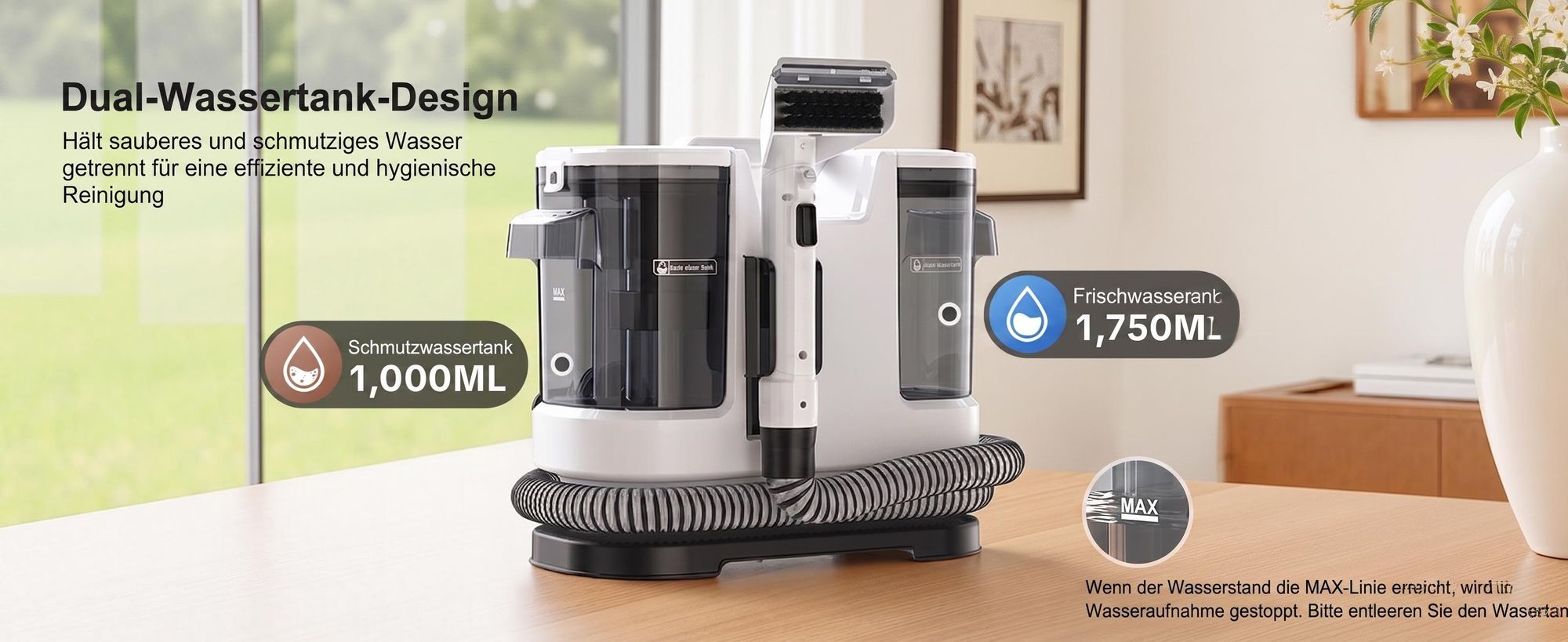 Lubluelu V8-B Polsterreiniger mit Heißwasserfunktion 60℃ 15000Pa Waschsauger 3-in-1 Teppichreiniger Nasssauger für Sofa, Autositze & Polster