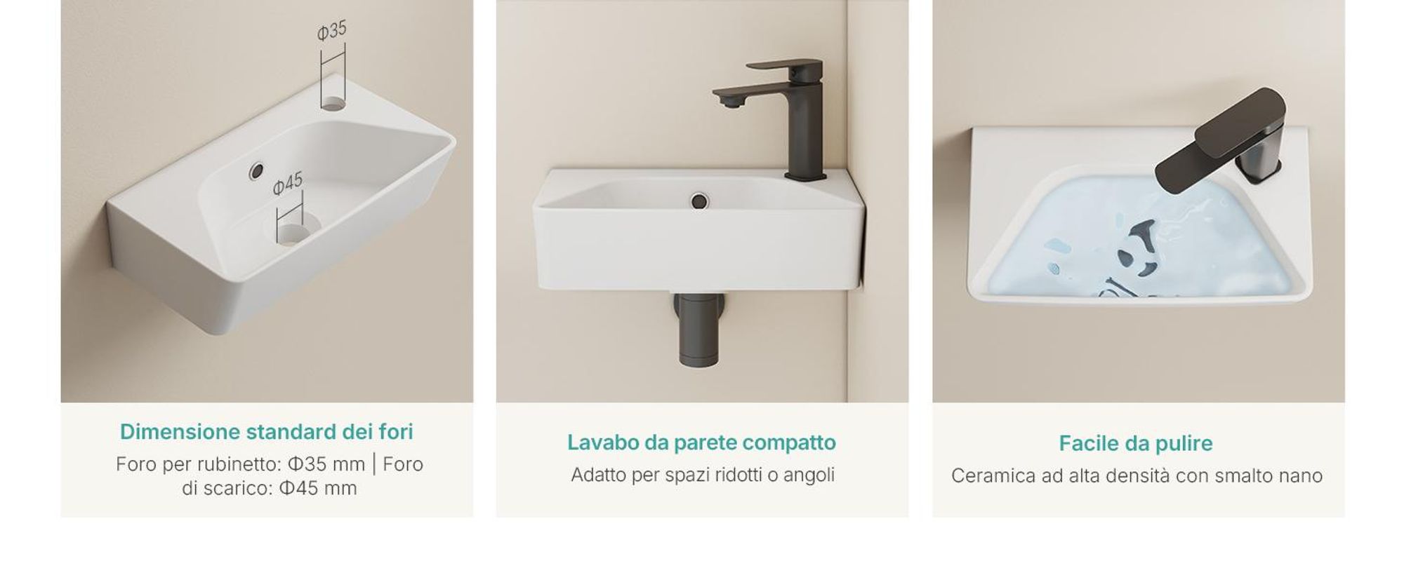 EMKE Lavabo a parete in ceramica rettangolare 400x225 mm bianco lucido Lavabo a parete moderno con foro per rubinetto e troppopieno per WC ospiti e bagno piccolo