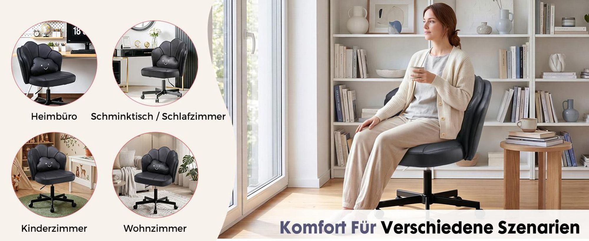 COMHOMA Schreibtischstuhl Schminkstuhl mit Rollen, Doppelter Rückenlehne und Wolkenkissen, Höhenverstellbarer Drehstuhl, Bürostuhl Kunstleder, Schwarz