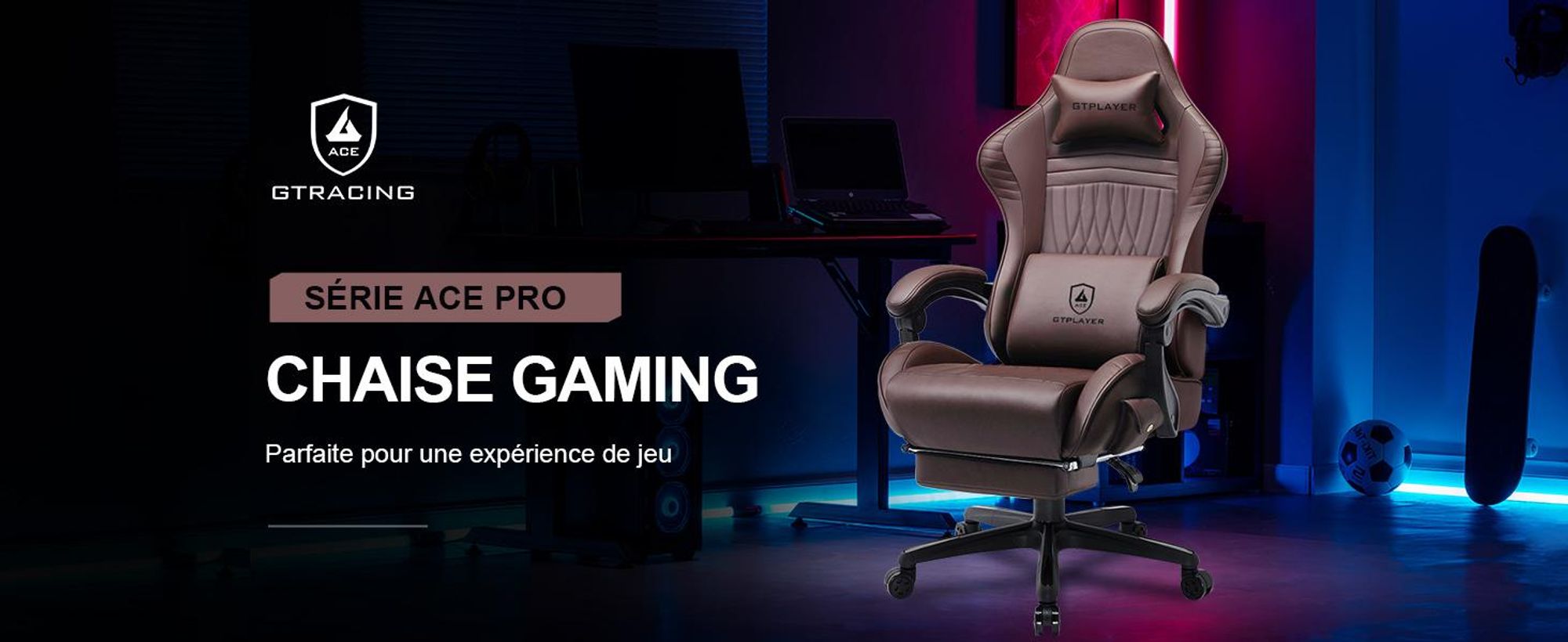 GTPLAYER Chaise de jeu ACE PRO, Chaise de bureau ergonomique Accoudoirs inclinables Avec repose-pieds, Haut-parleur Hi-Fi, Atmosphère sonore impressionnante, Marron clair