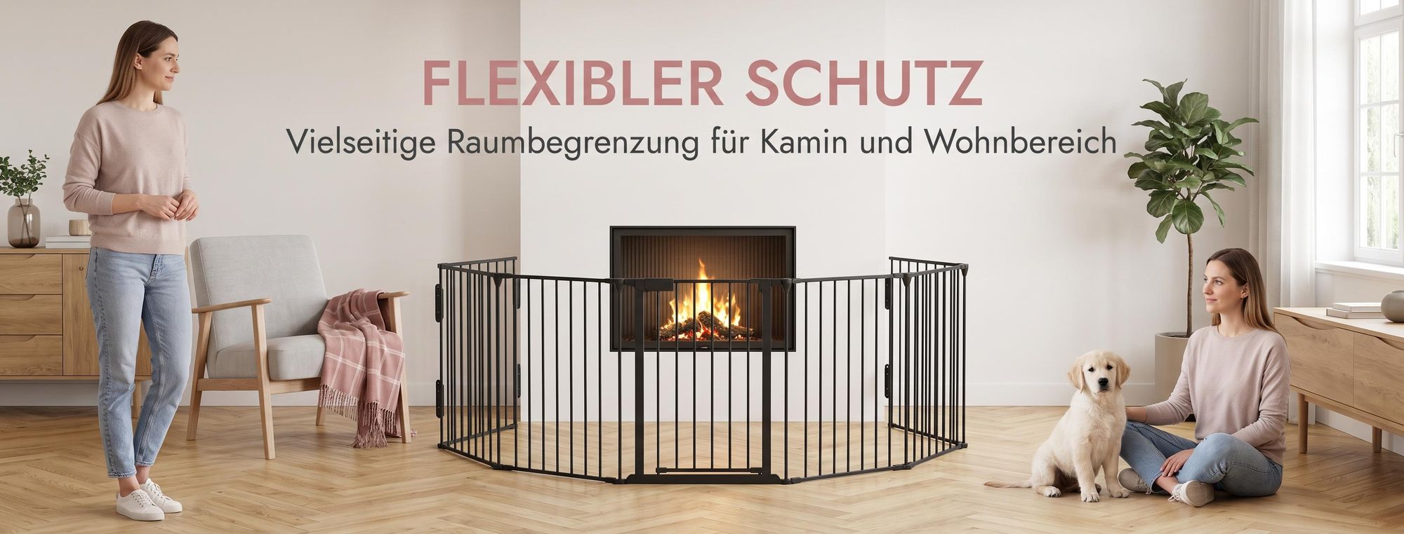 ROSEJANE Kaminschutzgitter mit Tür 300 cm Metall Ofenschutzgitter Faltbar Schutzgitter für Kinder und Haustiere, Schwarz