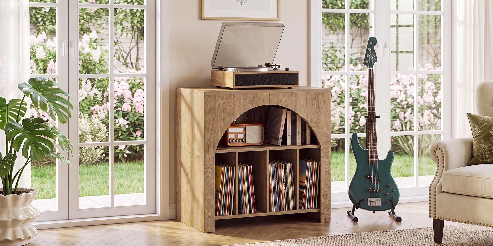 Beistelltisch, 80 cm Nachttisch für Schallplatten, 2-stöckiger  Plattenspielerständer für 370 Schallplatten, Vinyl-Schrank in halbkreisförmigem Design