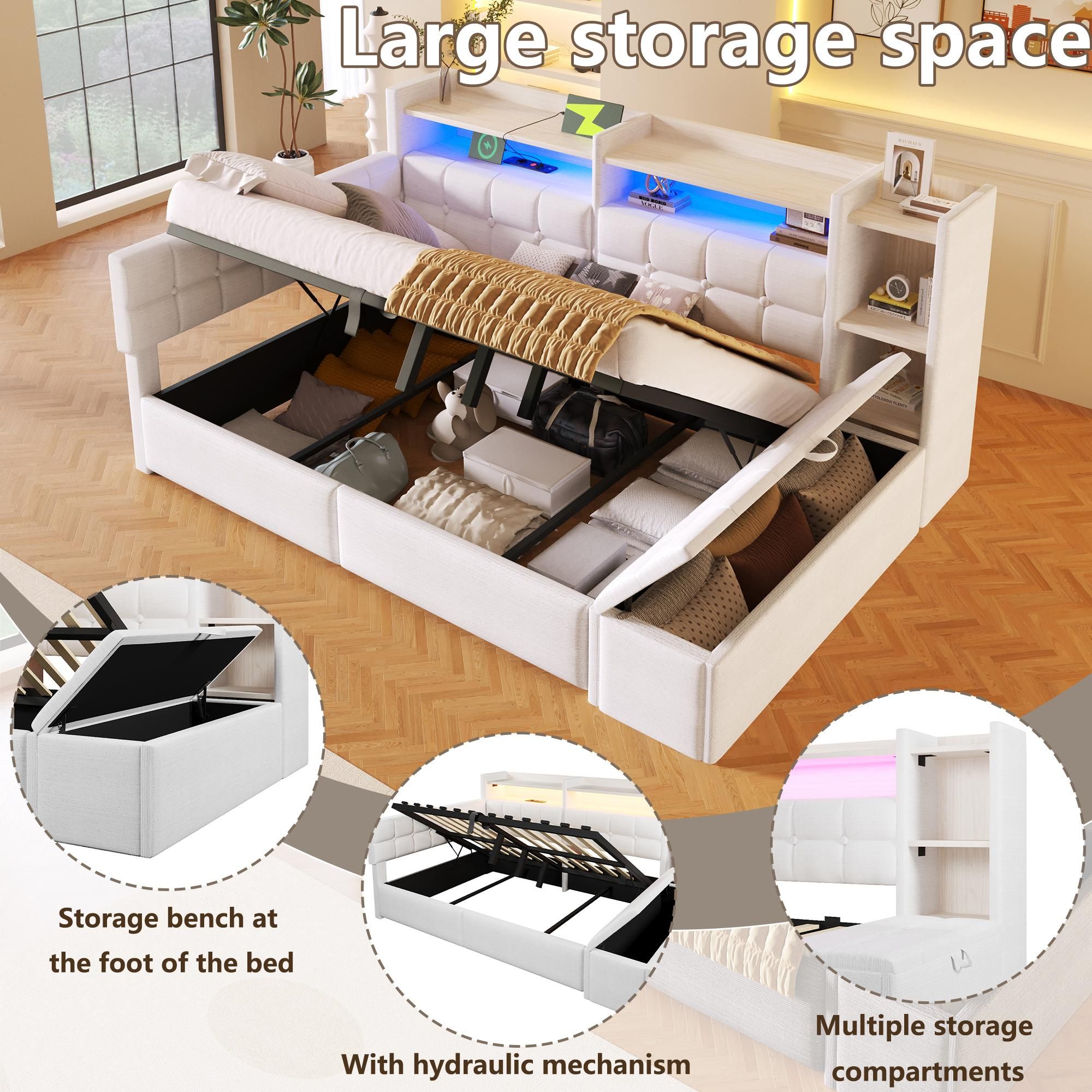 Flieks Schlafsofa Tagesbett 140x200cm mit Hydraulischem Betthocker, Polsterbett Doppzelbett mit Ladefunktion & Led, Jugendbett Samt mit Ablagen, Weiß