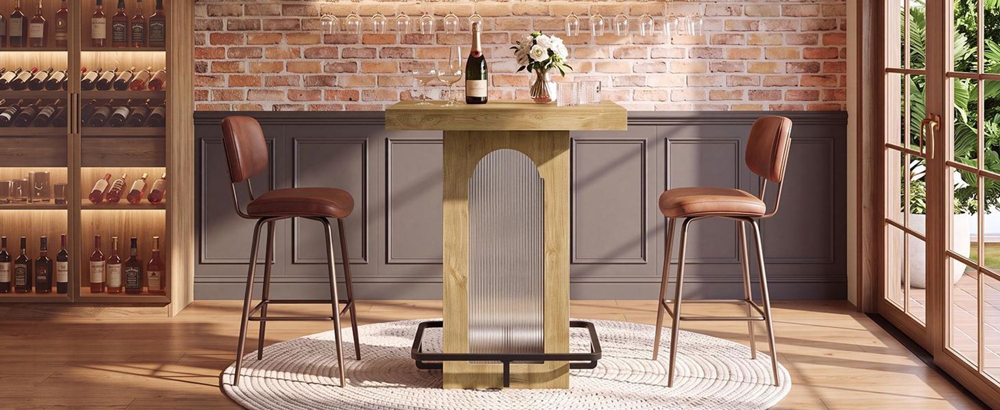 Een vierkant barmeubel van 100 cm hoog, met een verstelbaar plateau en LED-verlichting, een metalen voetsteun, in industriële bistrostijl, geschikt voor een keukenhoek, een thuisbar of een eetkamer