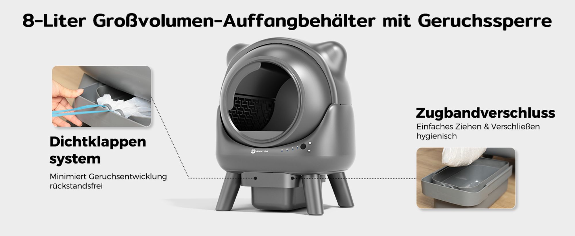 Amicura X1 Katzenklo Selbstreinigend mit App-Steuerung, Sicherheitssensor (Anti-Pinch) Elektronisches Katzenklo, XXL Geruchsdichter Abfallbehälter