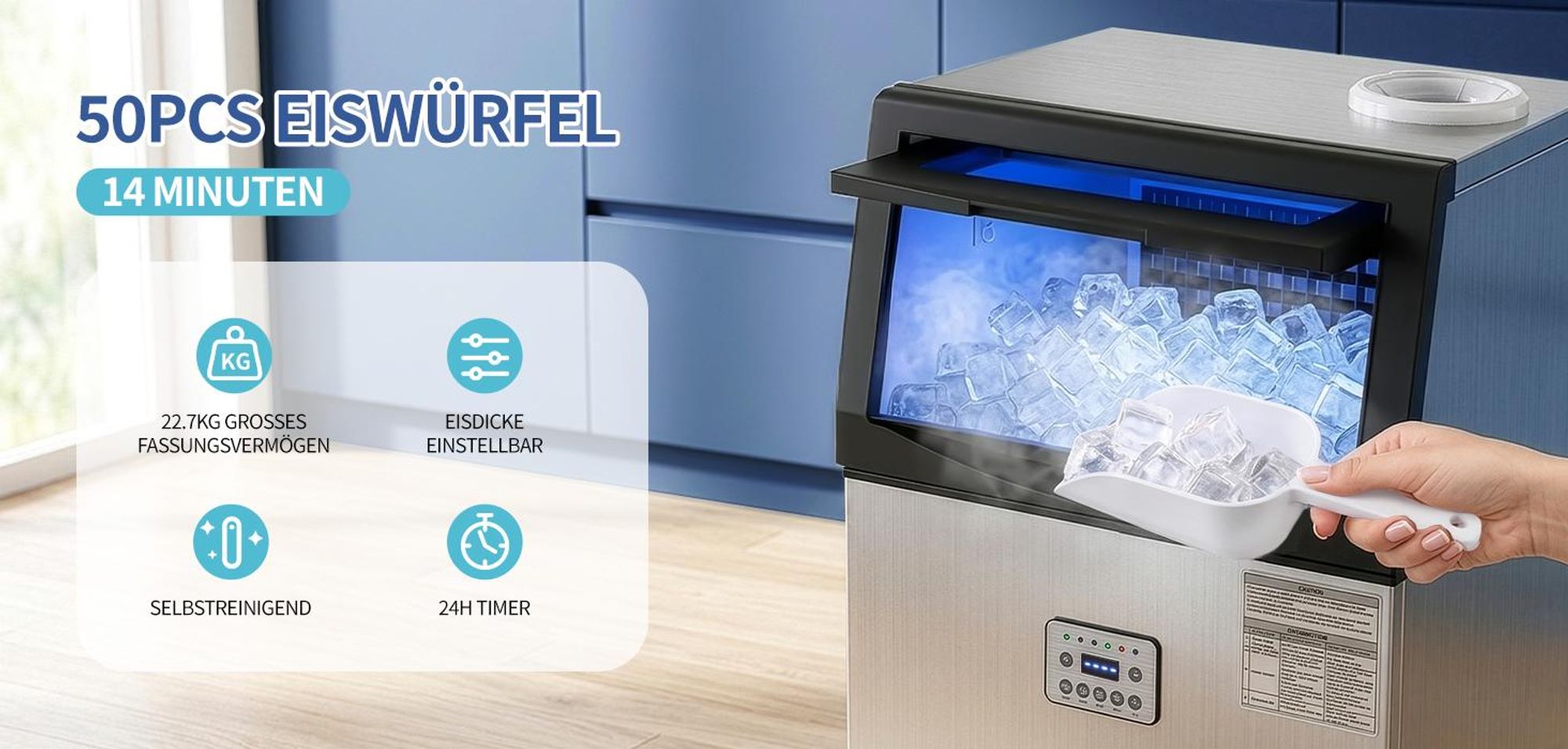 FCH Gewerbliche Eiswürfelmaschine, 50 kg/24 Std. Edelstahl Untertisch-Eismaschine mit 23 kg Eislagerkapazität