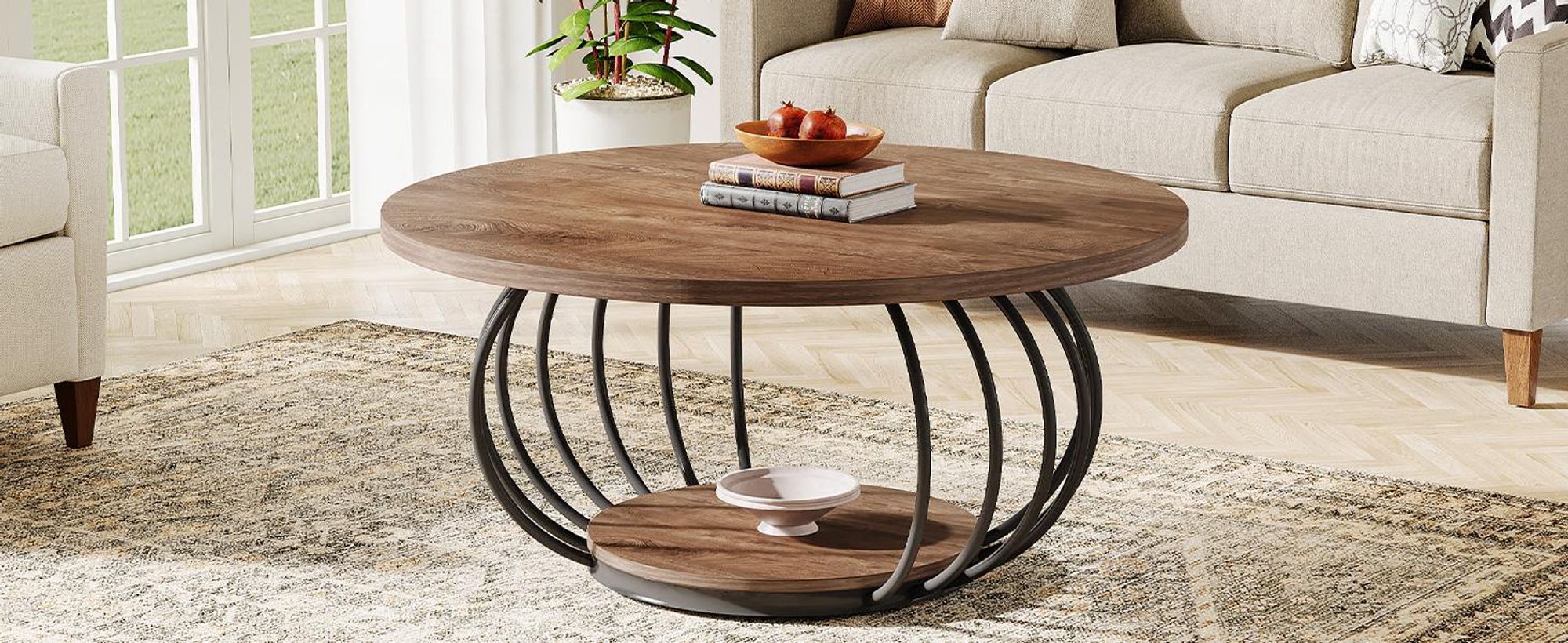 Tribesigns Runder Couchtisch, 100 cm industrieller Couchtisch aus Holz mit zwei Ebenen, mit Ablagefläche und Metallrahmen, rustikales Braun Schwarz