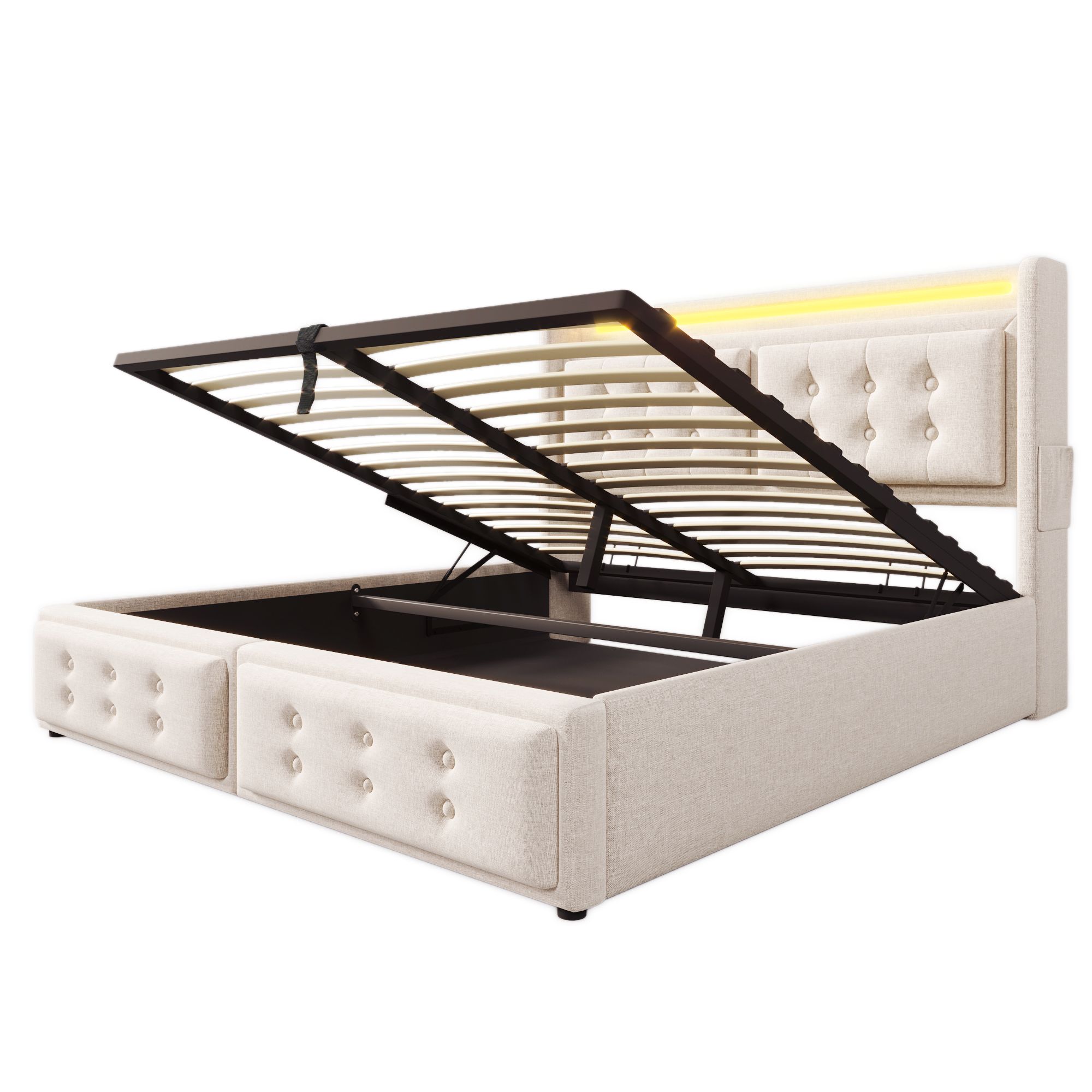 Flieks Polsterbett 180x200cm mit Ladefunktion, Doppelbett Jugendbett mit LED, Hydraulisches Stauraumbett Boxspringbett mit Lattenrost, Baumwolle Beige