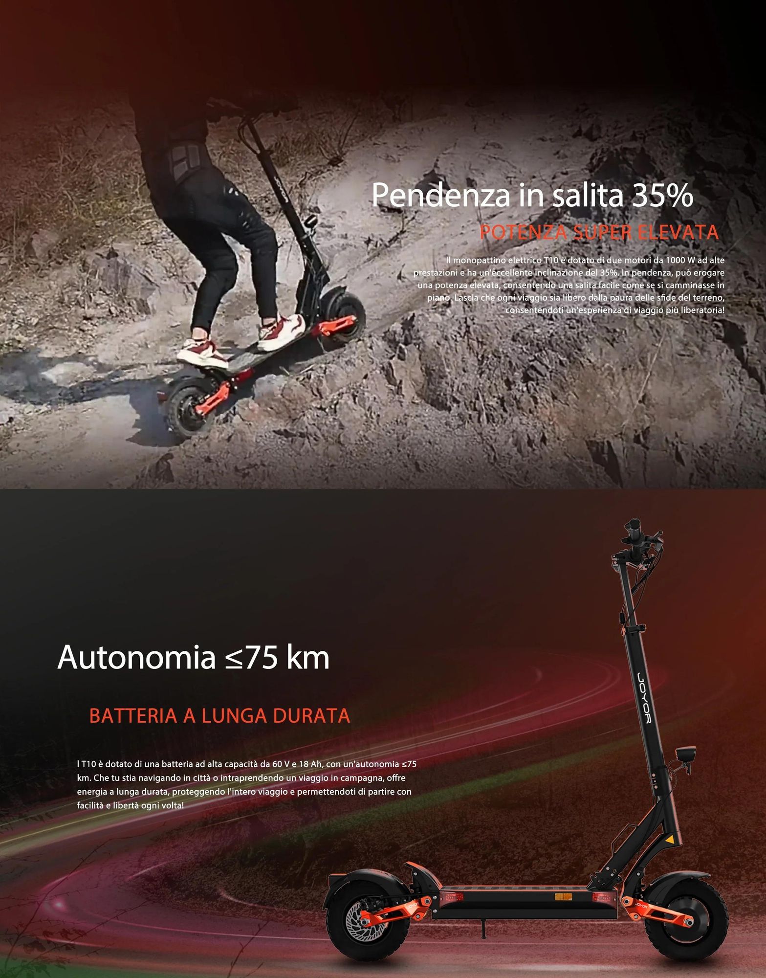JOYOR T10 Pieghevole Monopattino Elettrico - 2x1000W Motor 60V18AH Batteria Pneumatici da 10 Pollici Freni a Disco Idraulici - Nero
