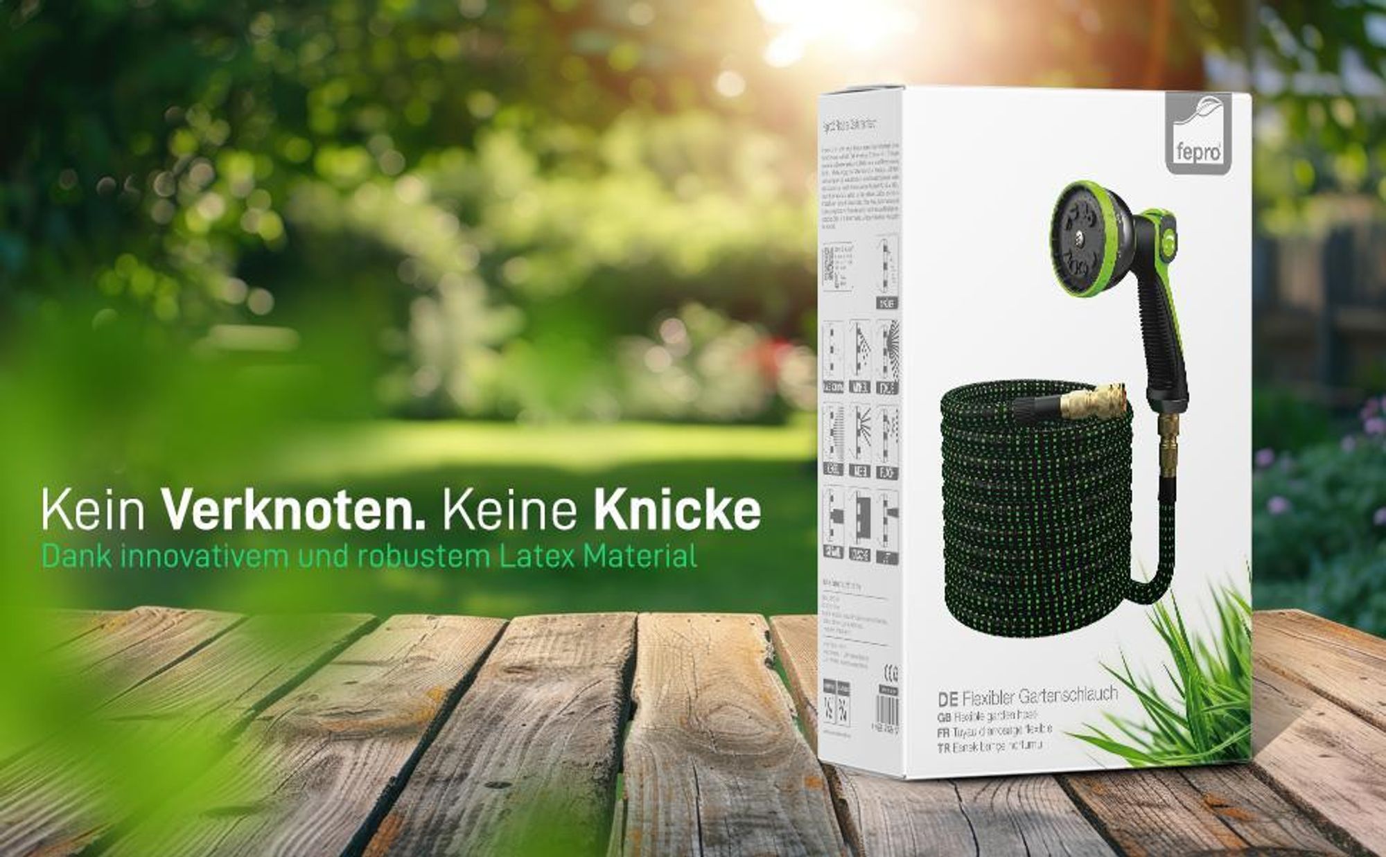 Fepro® Flexibler Gartenschlauch mit 10 Funktion 15m Premium, Wasserschlauch flexibel mit 3-Fach Latexkern inkl. Vollmessing Adapter für 1/2' 3/4' Zoll, Tasche, 2-Wege Ventil und Wandhalterung