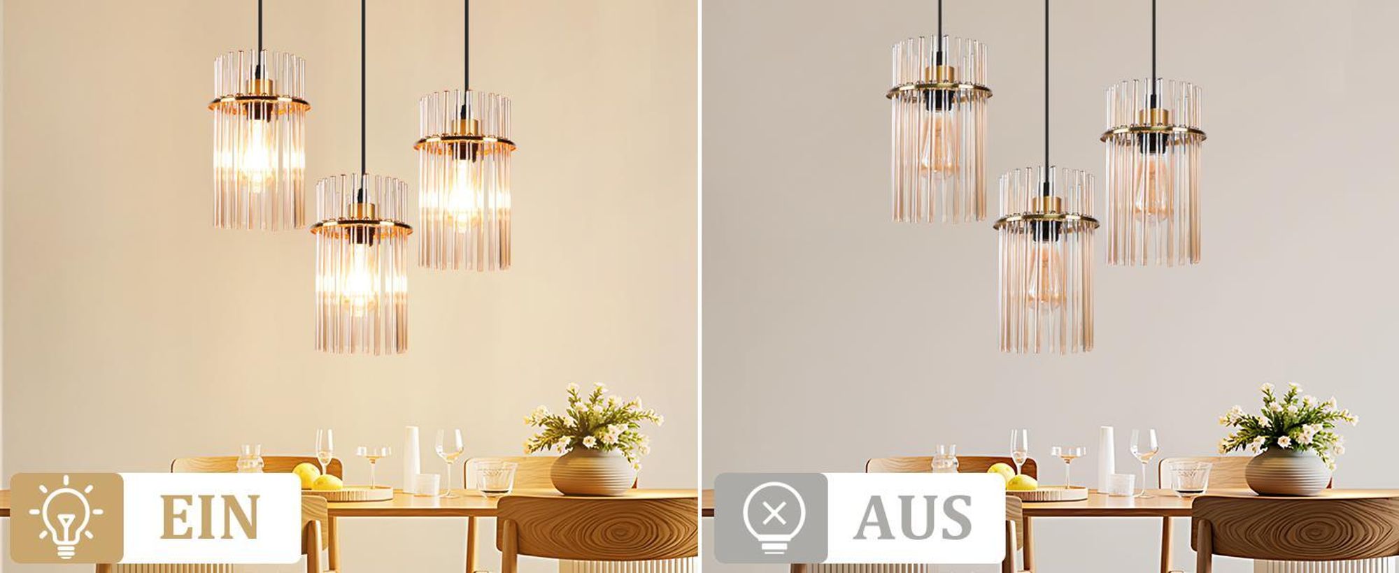 ZMH Pendelleuchte Esstisch Hängelampe 3 Flammig - Hängeleuchte Gold E27 Vintage Esszimmerlampe Hängend aus Glasschirm Ø 16 für Küche Cafe Bar Wohnzimmer (ohne Leuchtmittel)