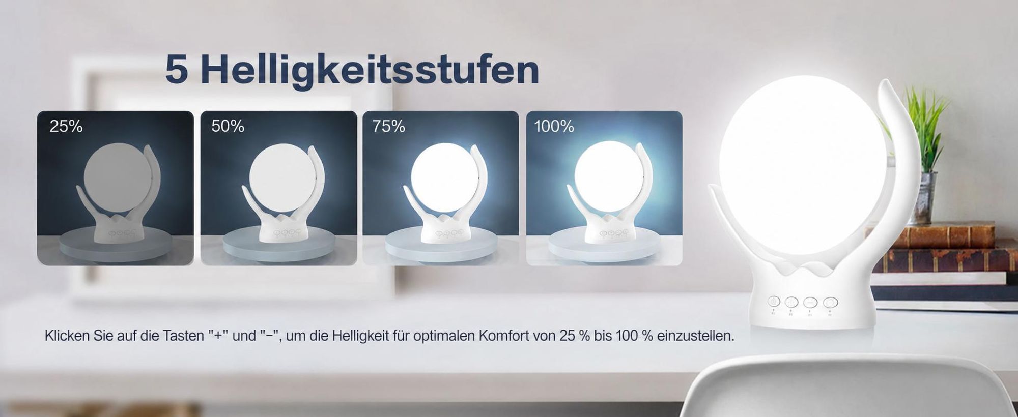 Stufenlos dimmbare Lichttherapielampe,UV-frei, 10.000 Lux, Therapielampe, rotierende Lichttherapielampe mit 5 Helligkeiten, 3 Farbtemperaturen, timbar