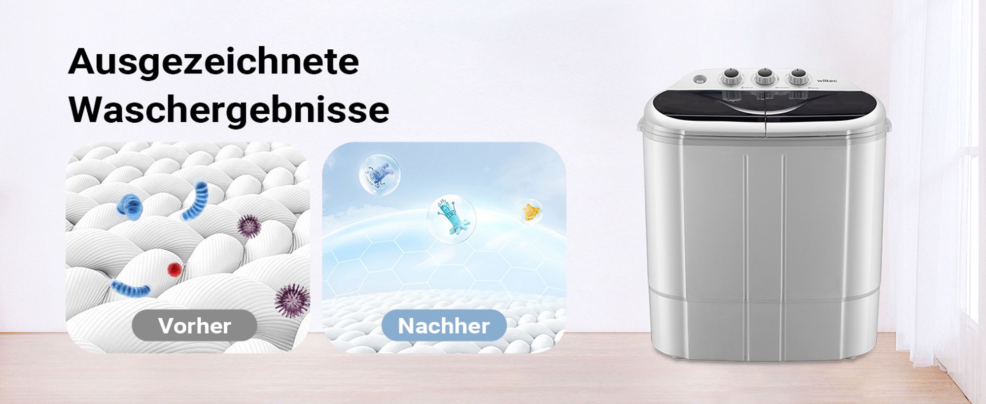 Wiltec Camping Waschmaschine 230 W 60 x 36 x 60 cm, Mini Waschmaschine für bis zu 3,0 kg Wäsche, Reisewaschmaschine mit 2,0 kg Schleuderkapazität