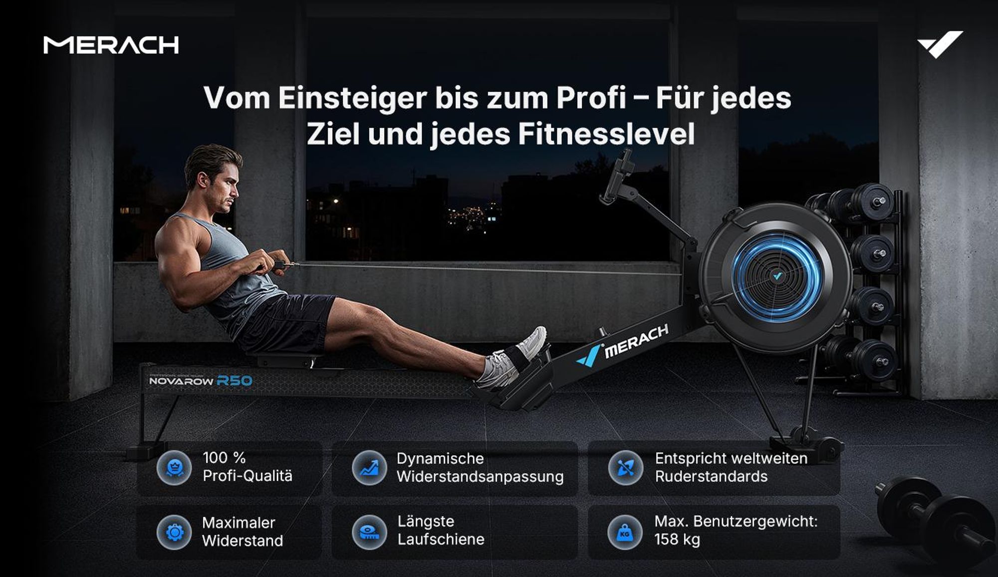 Merach Klappbares Luftwiderstand Rudergerät Bluetooth & LCD, ergonomischer Sitz, verstellbarer Tablet-Halter, bis 158 kg, NovaRow R50 PRO