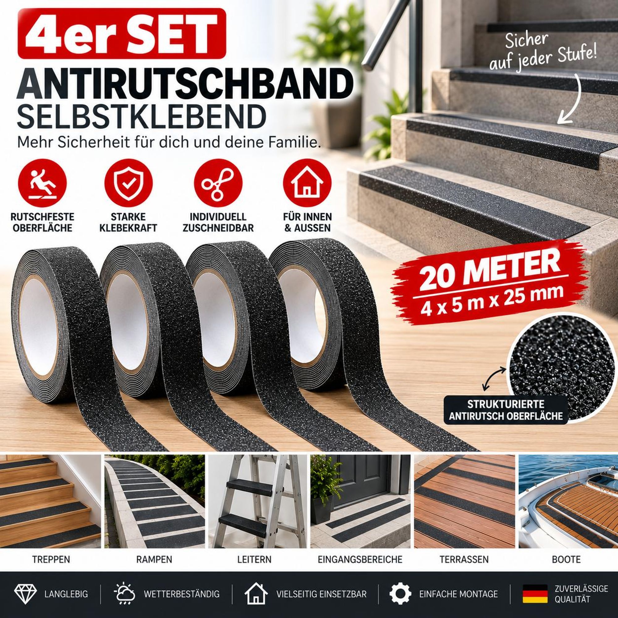 4er Set selbstklebendes Antirutschband, 20 m x 25 mm, schwarz mit griffiger Oberfläche