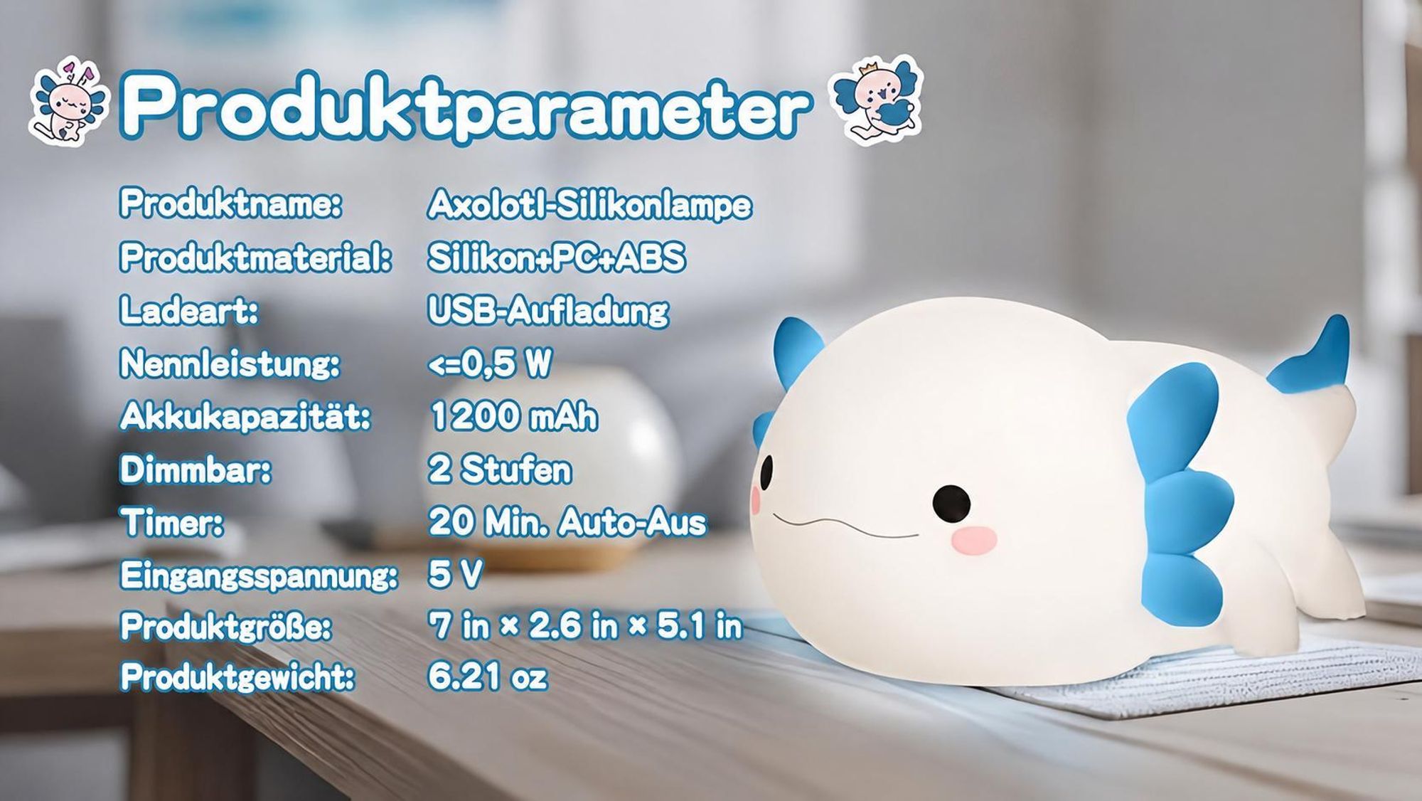 LED Axolotl Nachtlicht,Verstellbares Silikon -Nachtlicht,USB -Ladebett -Nachttischlampen,Berührungssteuerung,Geschenk mit Timer,Babyzimmerdekor,Blau