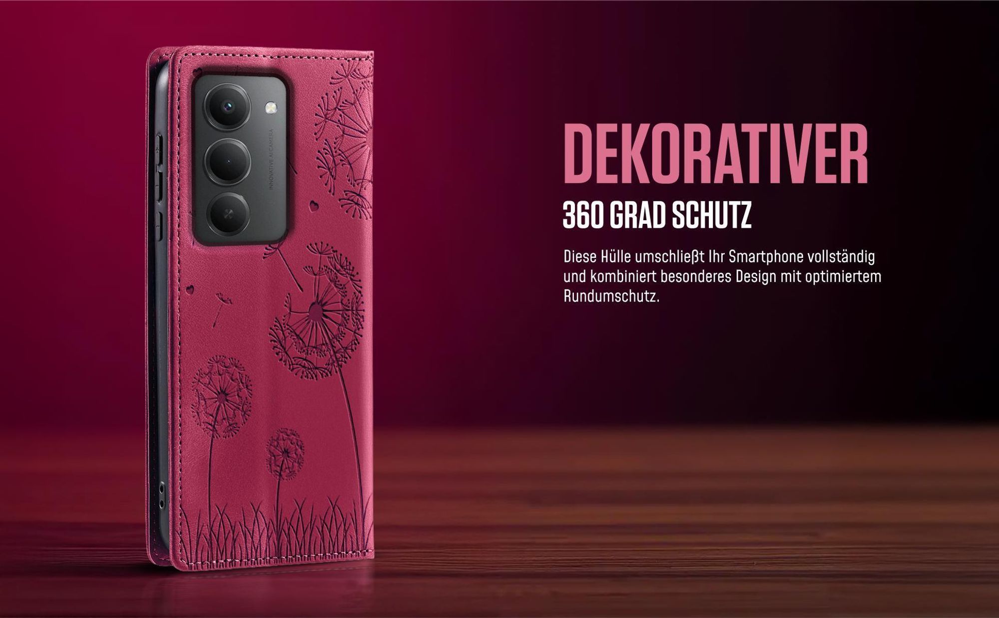 Löwenzahn Flipcase in Magenta für Xiaomi Redmi 15 mit 360 Grad Schutz