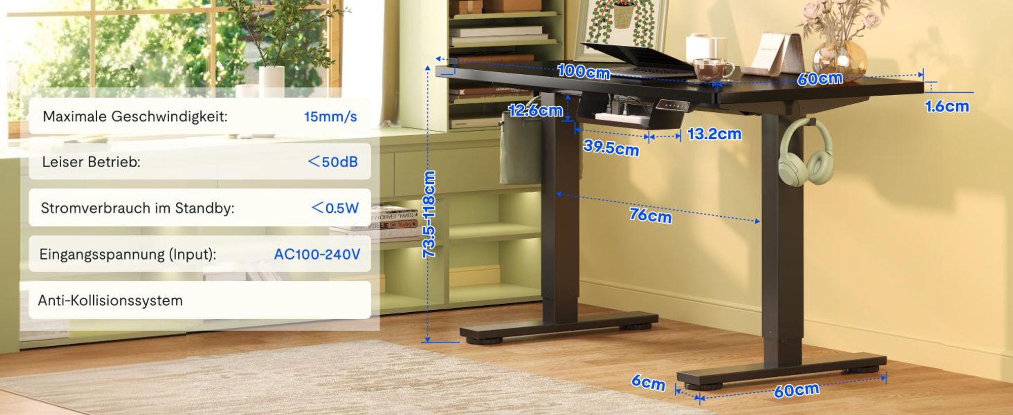 FLEXISPOT EN1 Höhenverstellbarer Schreibtisch 120x60cm elektrisch mit einteiliger Tischplatte, Kabelmanagement und Haken, 4 Memory-Funktion (Schwarz)