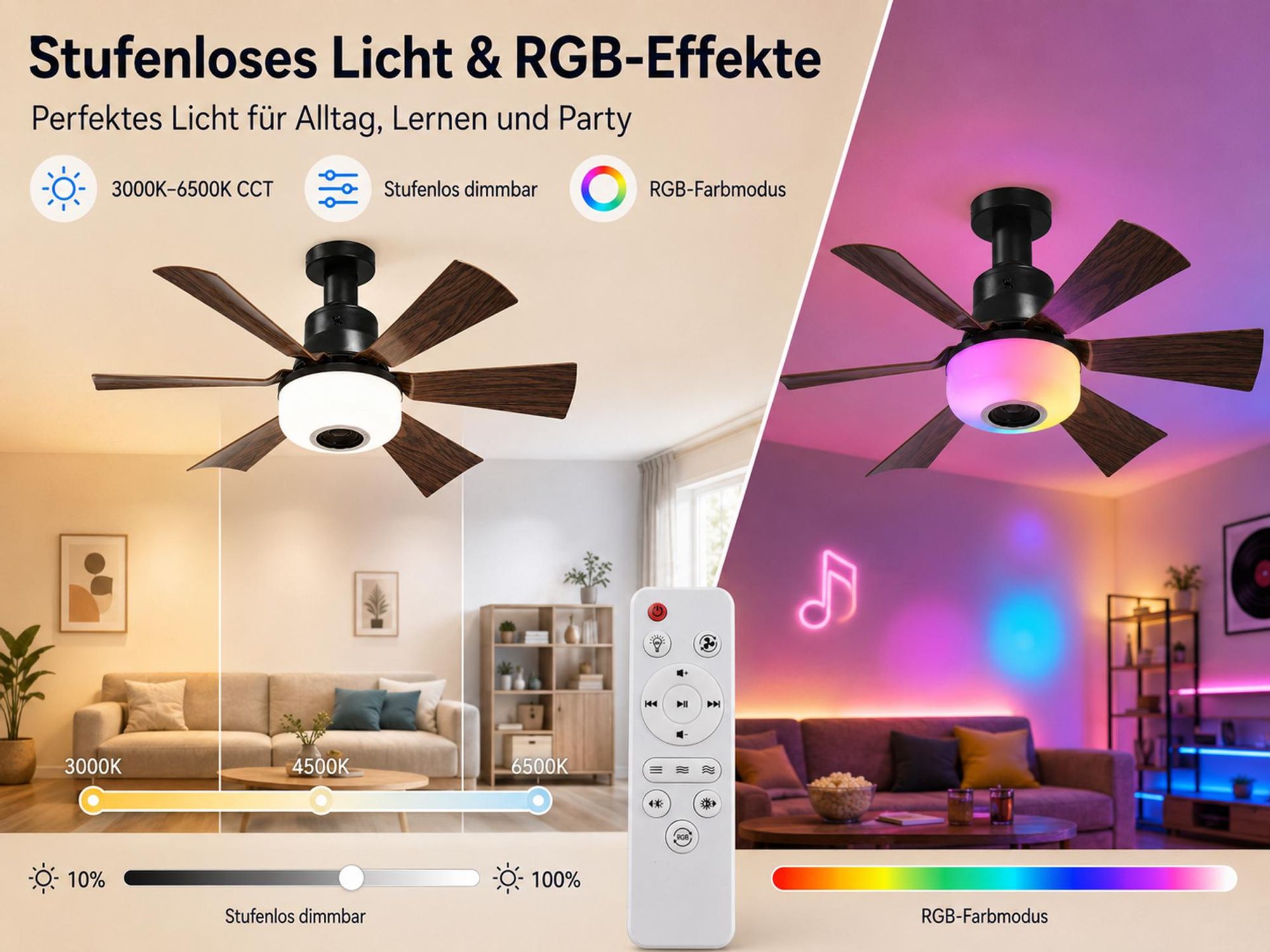 52CM LED Deckenventilator mit Beleuchtung E27 RGB Musik Lüfter mit APP Fernbedienung 40W Brushless Motor leise 6 Höhen & Neigbarer Kopf