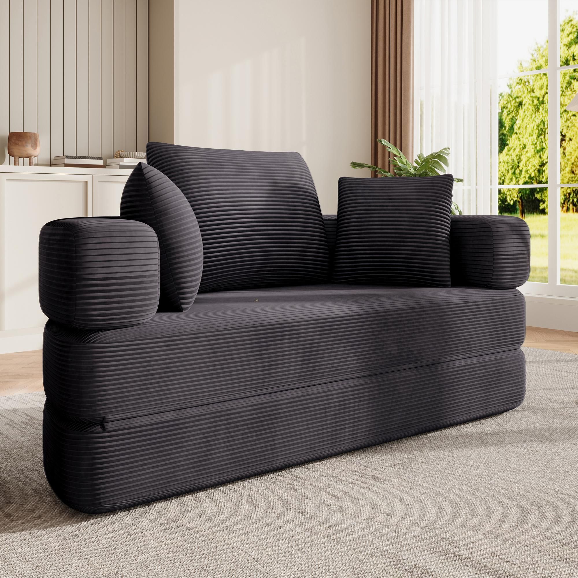 Merax Boneless Schlafsofa Polstersofa, modulares Klappsofabett mit Kissen, ovales Bodensofa aus Cordstoff, 2-in-1 Sofa Bett, Schwarz