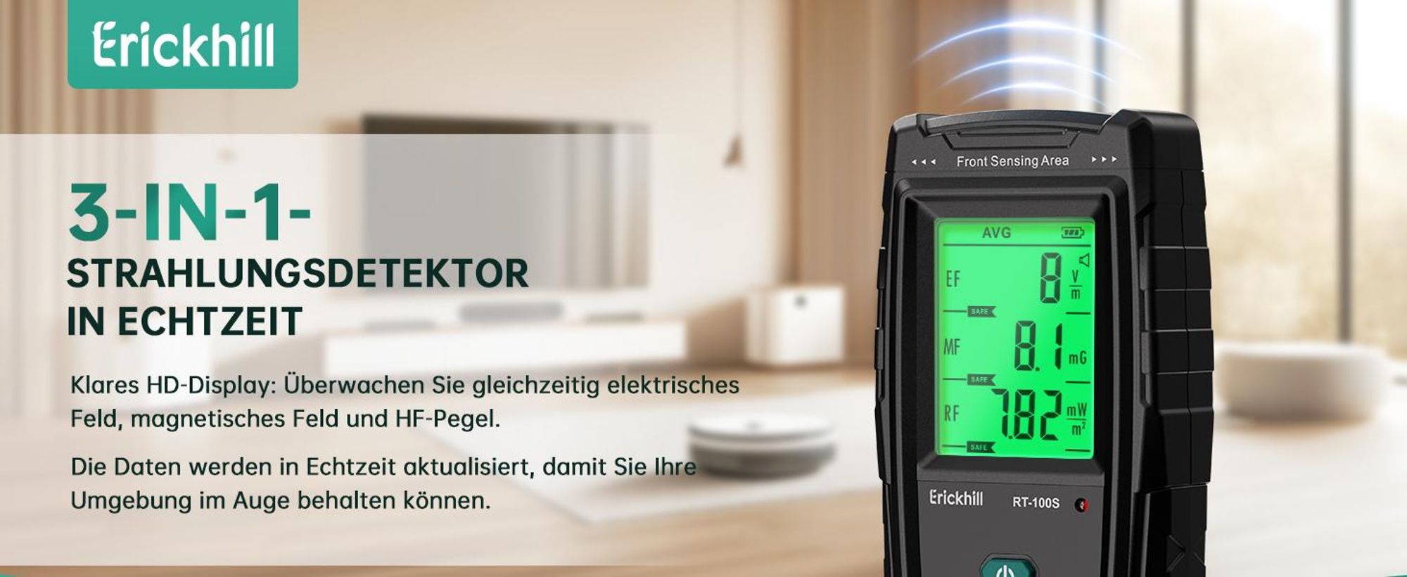 ERICKHILL RT-100S EMF Messgerät 3-in-1 | EF/MF/RF-Prüfung | Akustischer Alarm
