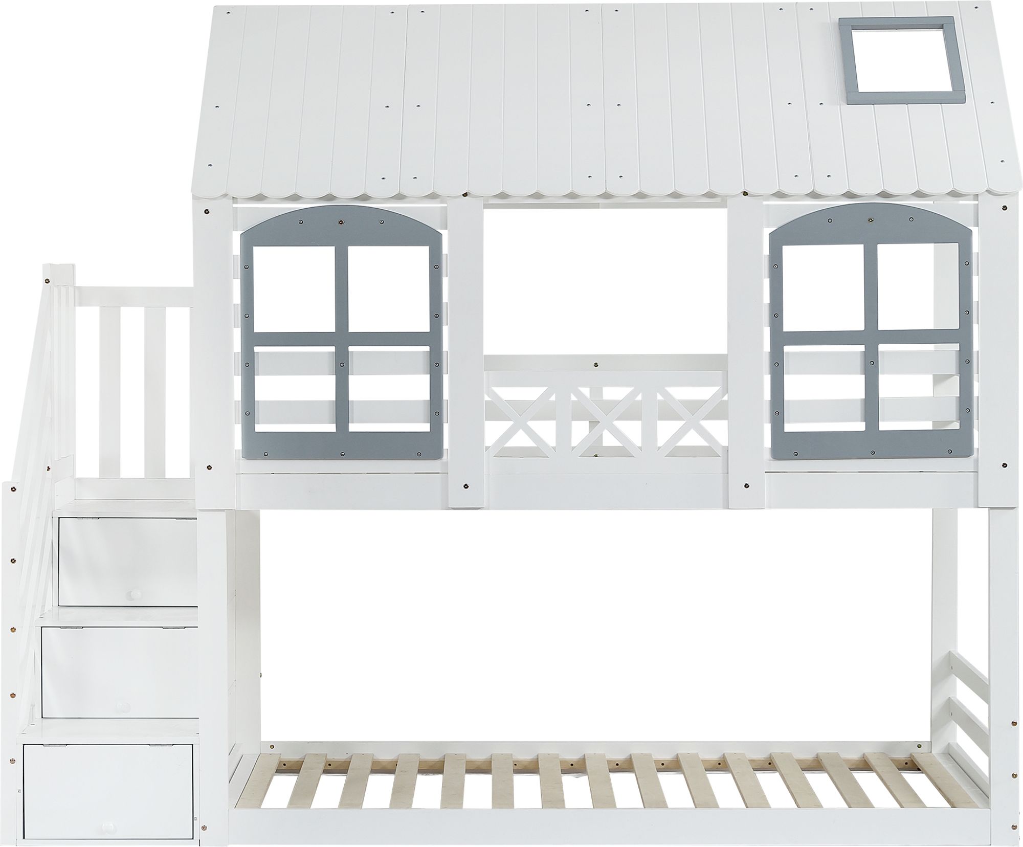 Flieks Etagenbett 90x200cm für 2 Kinder, Kinderbett Hausbett mit Fenster & Dach, Hochbett Stockbett Bodenbett mit Rausfallschutz und Lattenrost, Weiß