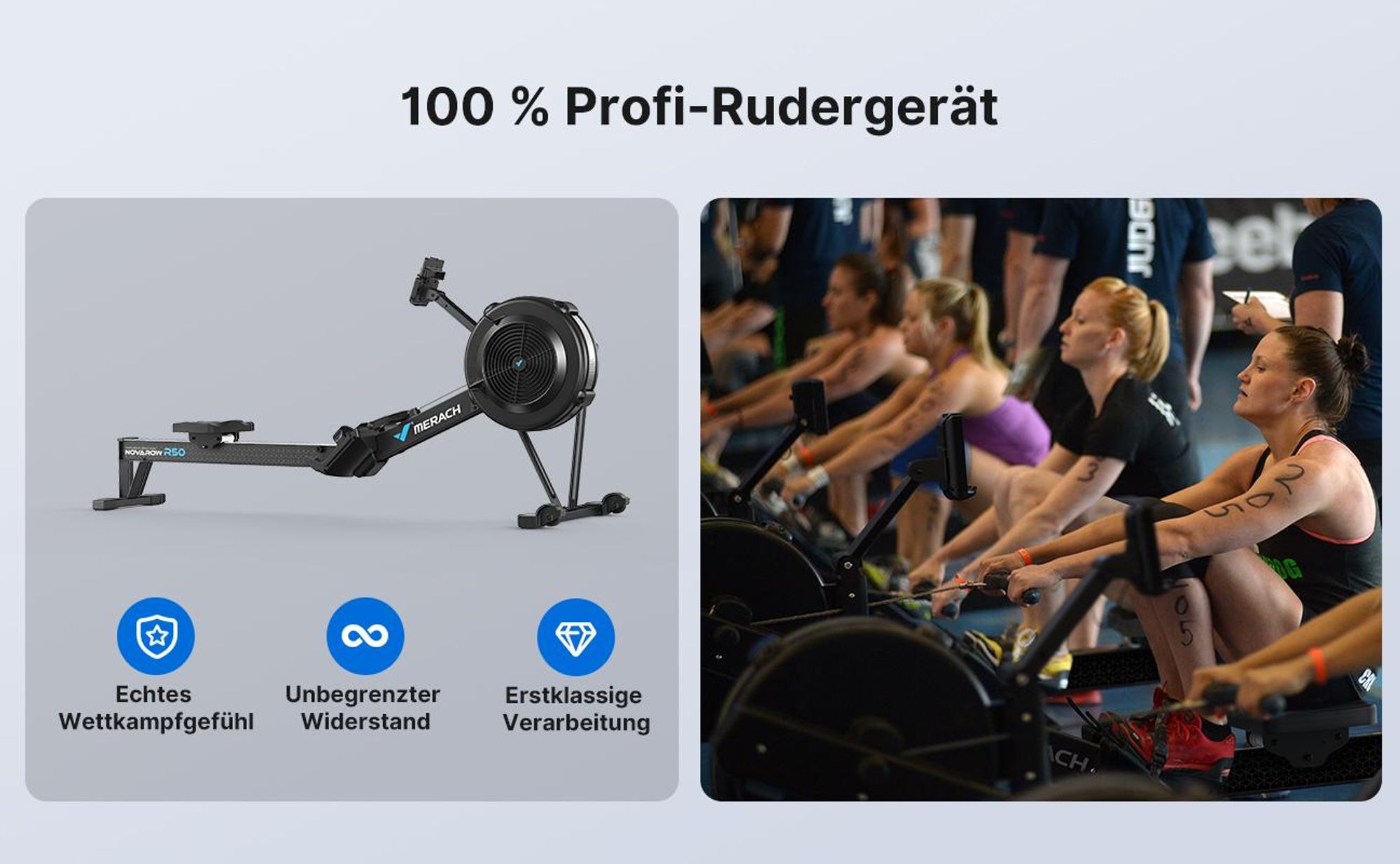 Merach Klappbares Luftwiderstand Rudergerät Bluetooth & LCD, ergonomischer Sitz, verstellbarer Tablet-Halter, bis 158 kg, NovaRow R50 PRO