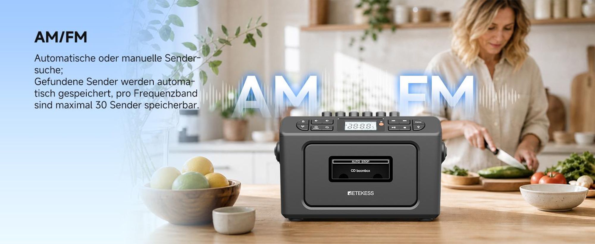Retekess TR642 CD Player mit Kassette,3W Lautsprecher,Stereo, Bluetooth,AM/FM-Radio,AUX,5000mAh Akku,Boombox Kassettenspieler für Kinder Erwachsene