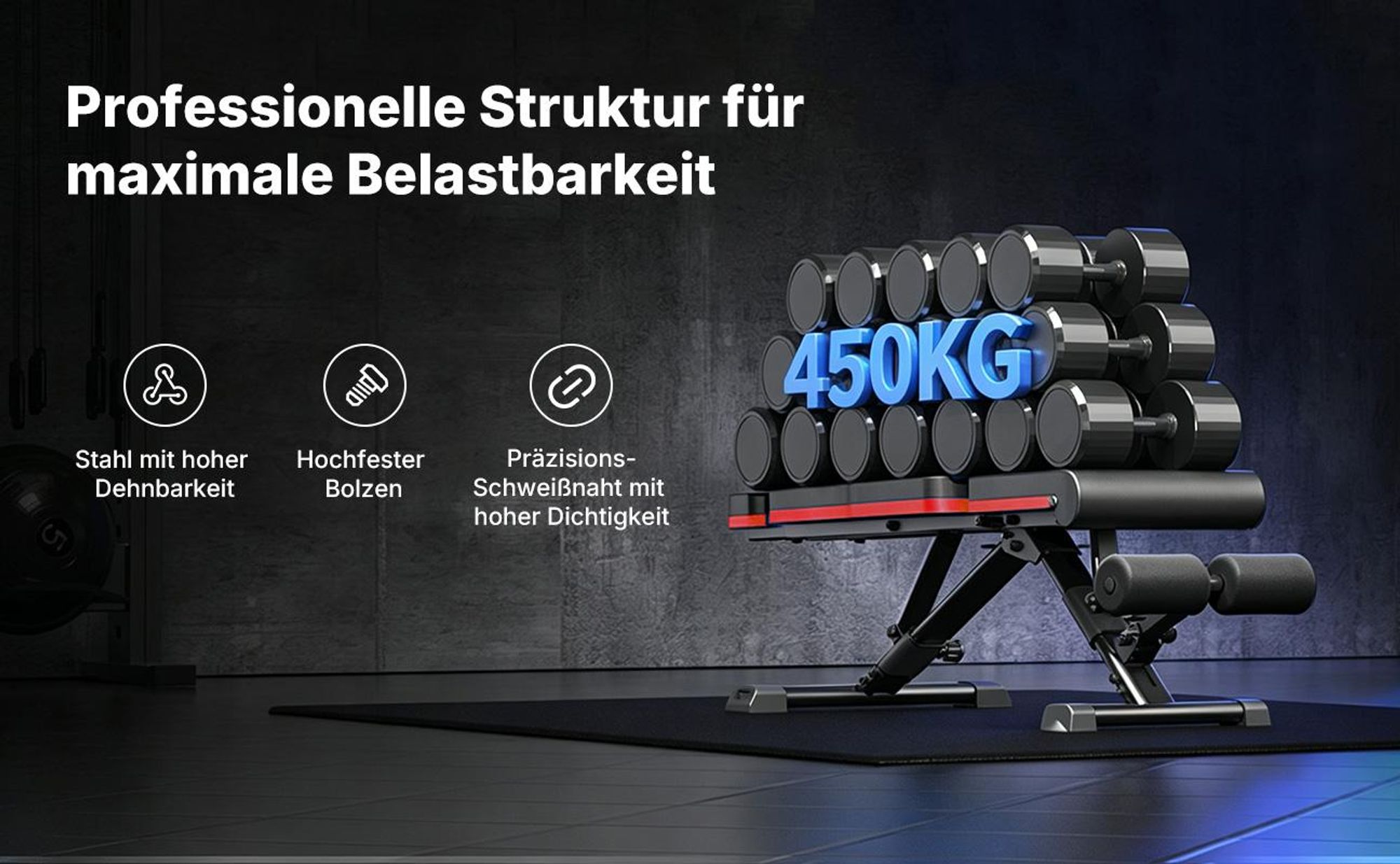 Hantelbank klappbar, 450 kg belastbar, 9-fach verstellbare Rückenlehne, verstellbare Flach- und Schrägbank fürs Home Gym Merach, rutschfest