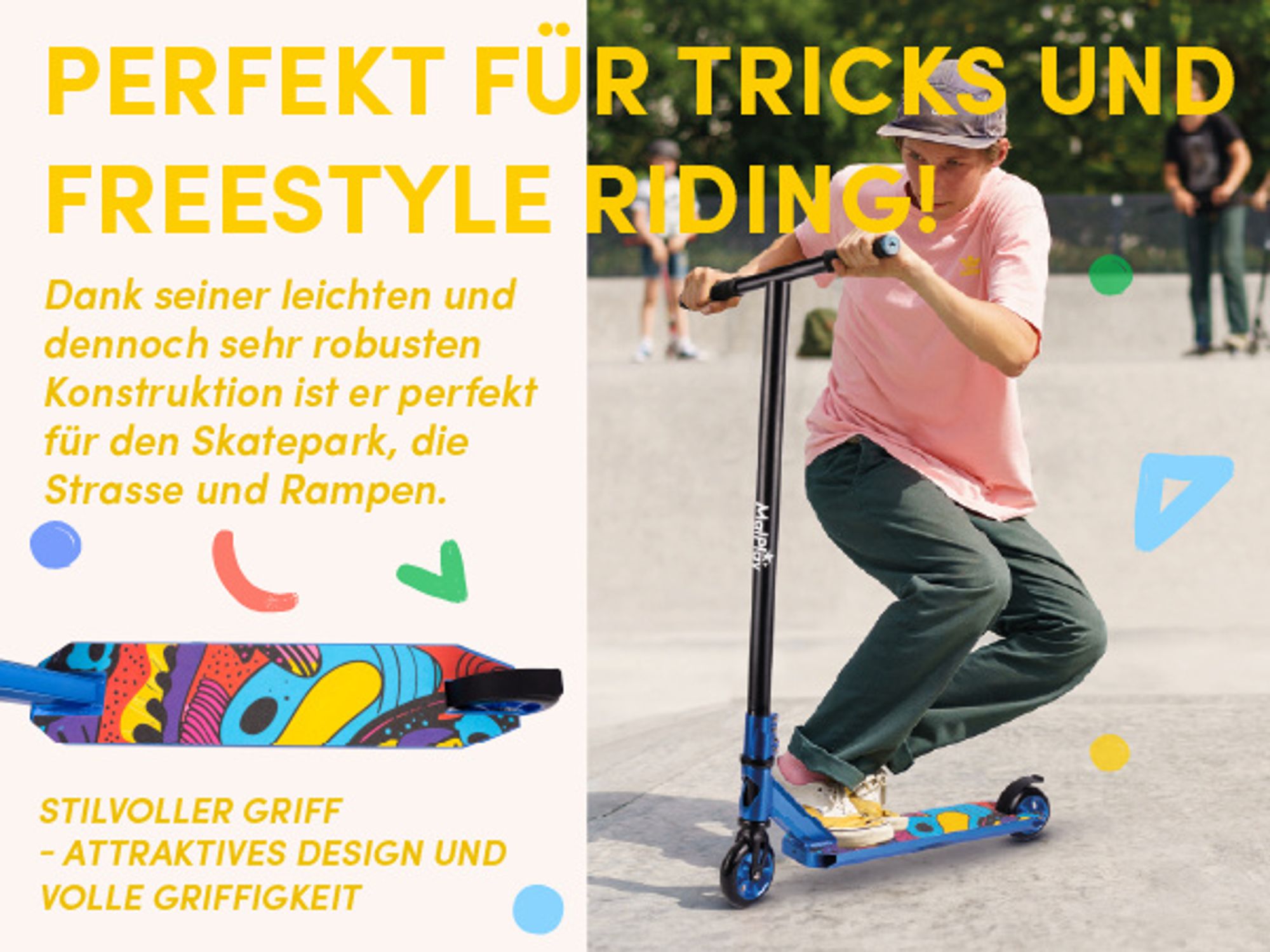 Malplay Trick Roller für Kinder Tretroller Jugendliche Urban Aluminium 360° Bunt bis zu 100 kg ABEC9