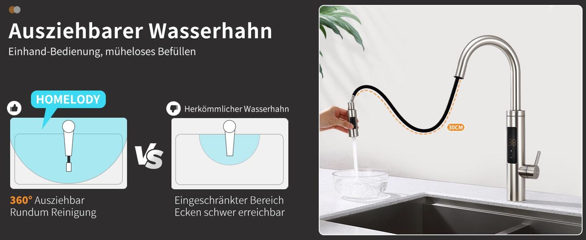 Homelody Elektrischer Wasserhahn mit Durchlauferhitzer 220V 3300W, Armatur Küche Edelstahl mit LED Temperaturanzeige & Brause ausziehbar, 360° Drehbar