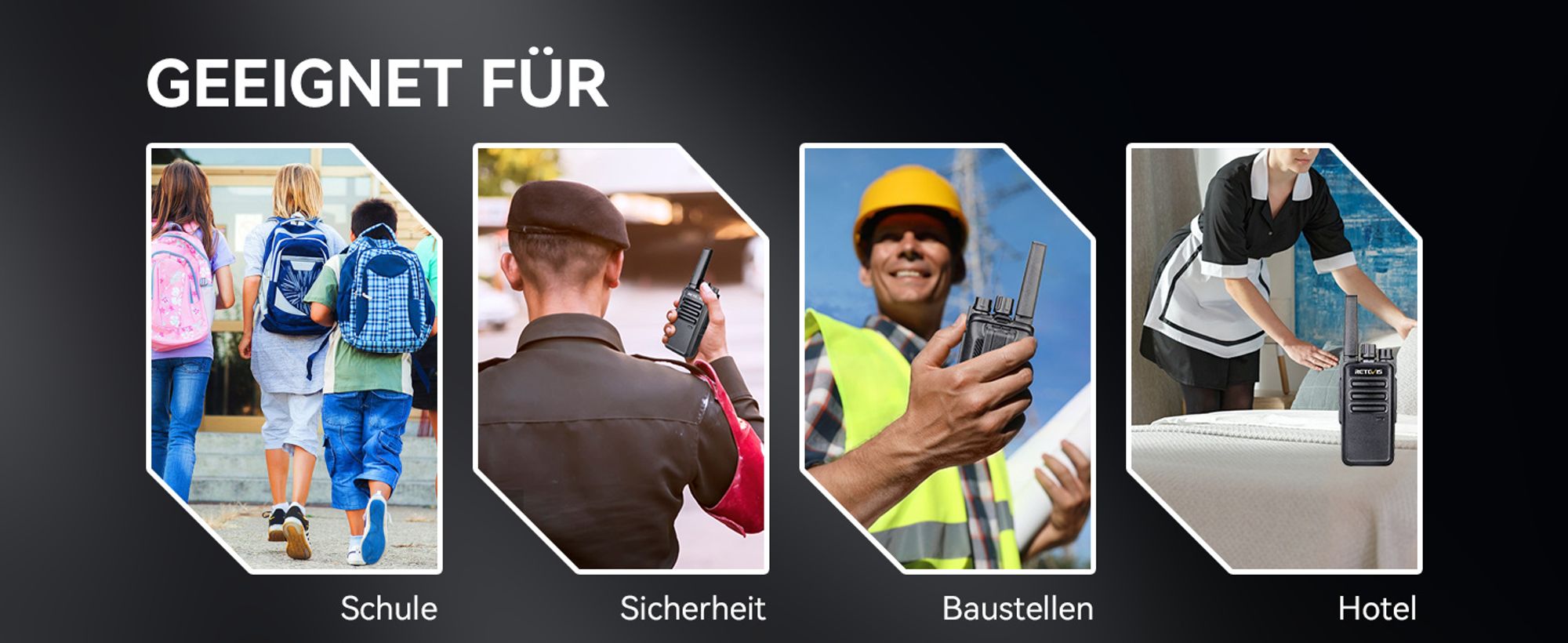 Retevis RT668 Funkgeräte Set mit Headset, PMR446 Lizenzfrei, VOX Squelch, Wiederaufladbares Walkie Talkie, 16-Kanal-CTCSS / DCS-TOT-Scan, Funkgerät für Schule, Sicherheit, Baustelle(Schwarz, 4 Stück)
